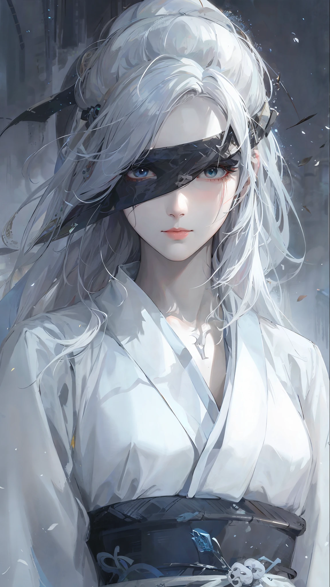 Close-up of a woman with white hair and white mask, beautiful figure painting, Guvitz, Guwiz style artwork, white-haired god, Yang J, epic exquisite character art, stunning character art, Fan Qi, Wu Jun Shifan, Gu Wiz in pixiv art station, black silk belt, black silk face scarf