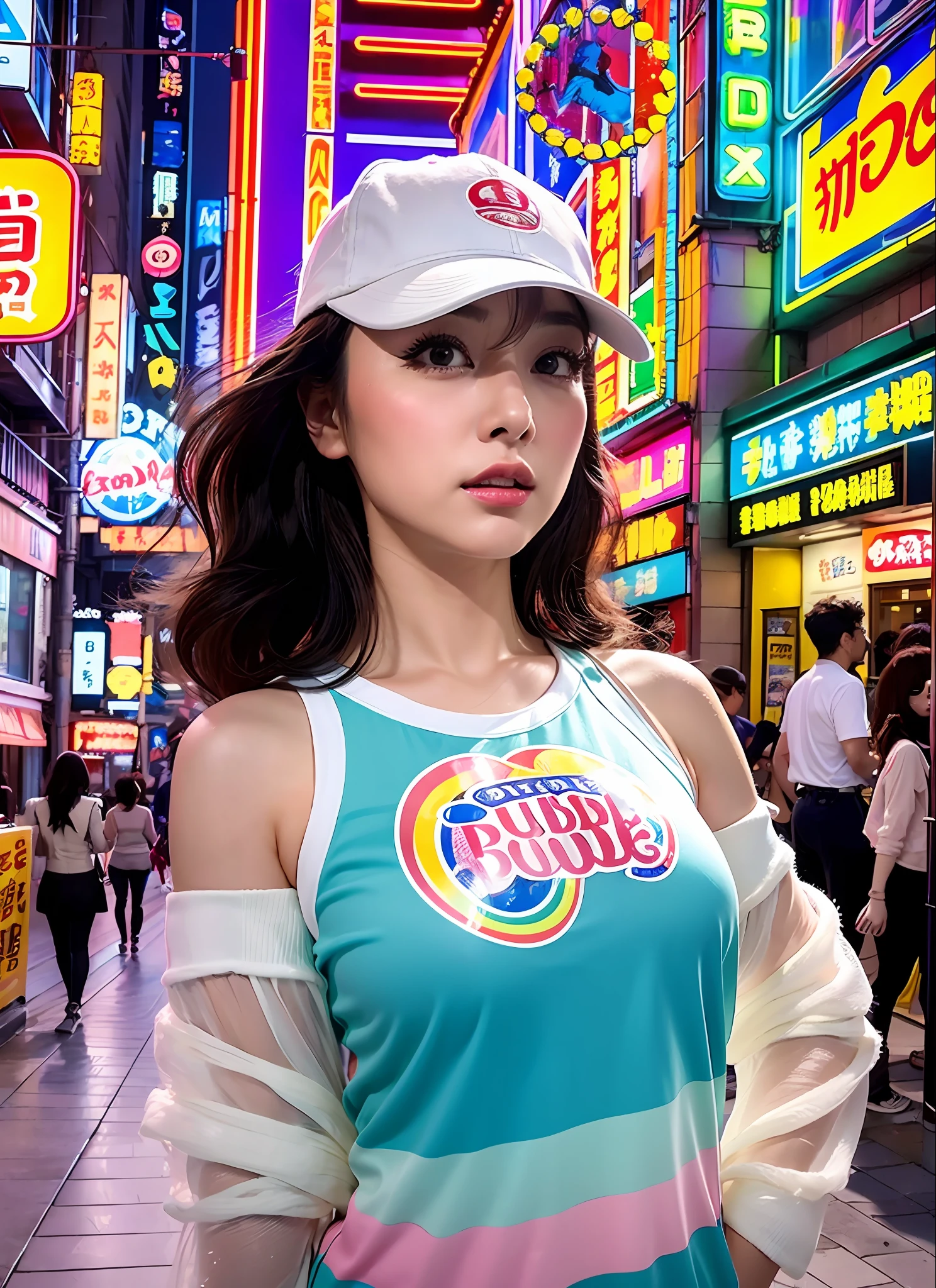 Against the backdrop of the downtown streets of the city inspired by the bubble period of the Showa era, gorgeous women have a strong presence. She is dressed in trendy fashion and features bright makeup and hairstyles. Neon signs, advertising signs, and Showa buildings are painted in the background, creating a lively city atmosphere. Symbolic items and motifs from the bubble period are placed around the woman, making you feel the era. Her expression is full of confidence and symbolizes the glamour of the times.

This artwork has a strong retro atmosphere and bubble imagery, while artistically expressing the charm of women and the vibrancy of the city. Produced in the highest quality and detailed depictions, it will further enhance the vivid scenery of the Showa bubble period and the charm of women.

The artwork generated based on this prompt will be a piece that expresses the retro scenery and glamorous charm of women that recall the atmosphere of the bubble period of the Showa era.