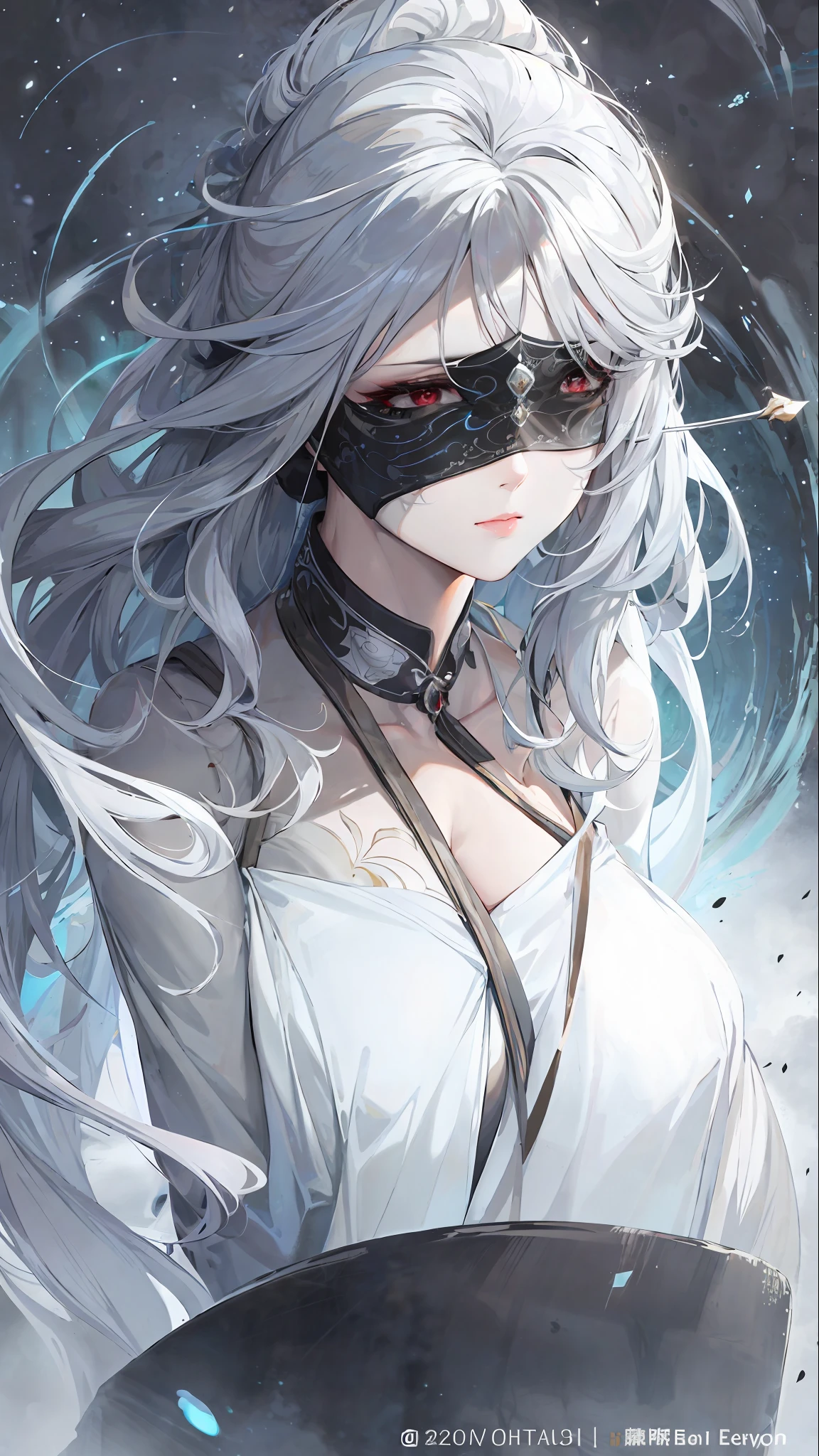 Close-up of a woman with white hair and white mask, beautiful figure painting, Guvitz, Guwiz style artwork, white-haired god, Yang J, epic exquisite character art, stunning character art, Fan Qi, Wu Jun Shifan, Gu Wiz in pixiv art station, black silk belt, black silk face scarf