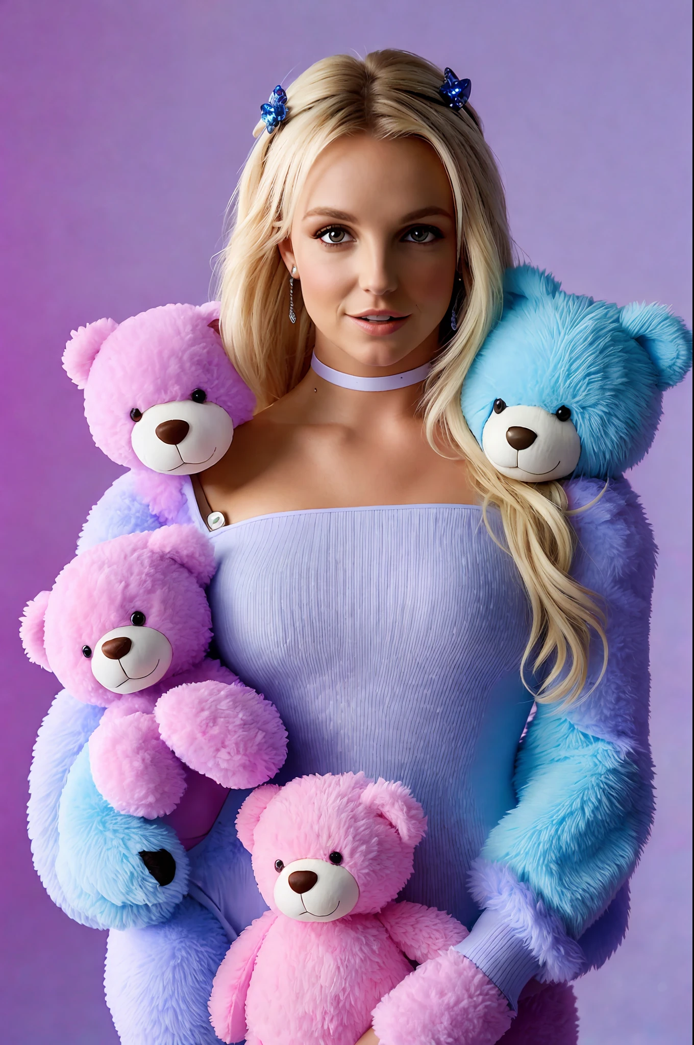 Photo BRITNEY SPEARS holding a teddy bear in a cute way, MET GALA ,texture 4K, high quality, beautiful hair, original album cover, , 8k image, high image quality, at night, FUTURISTIC CLOTHING
