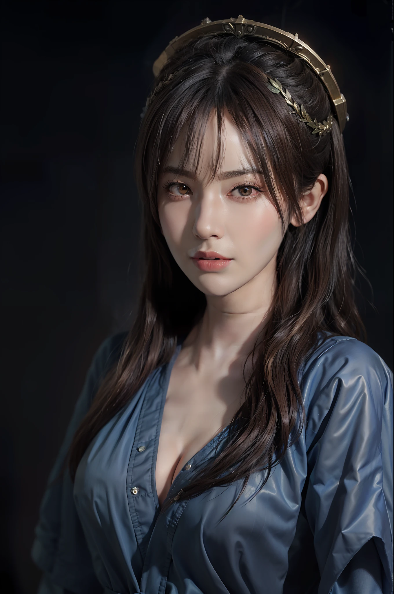 Hyperrealist portrait of female by david hockney and alphonse mucha,fantasy art, photo realistic, dynamic lighting, artstation, poster, volumetric lighting, very detailed faces, 4 k, award winning,, 1girl, in the dark, deep shadow, low key,cowboy shot,(official clothing:1.4) ,long hair,white hair,