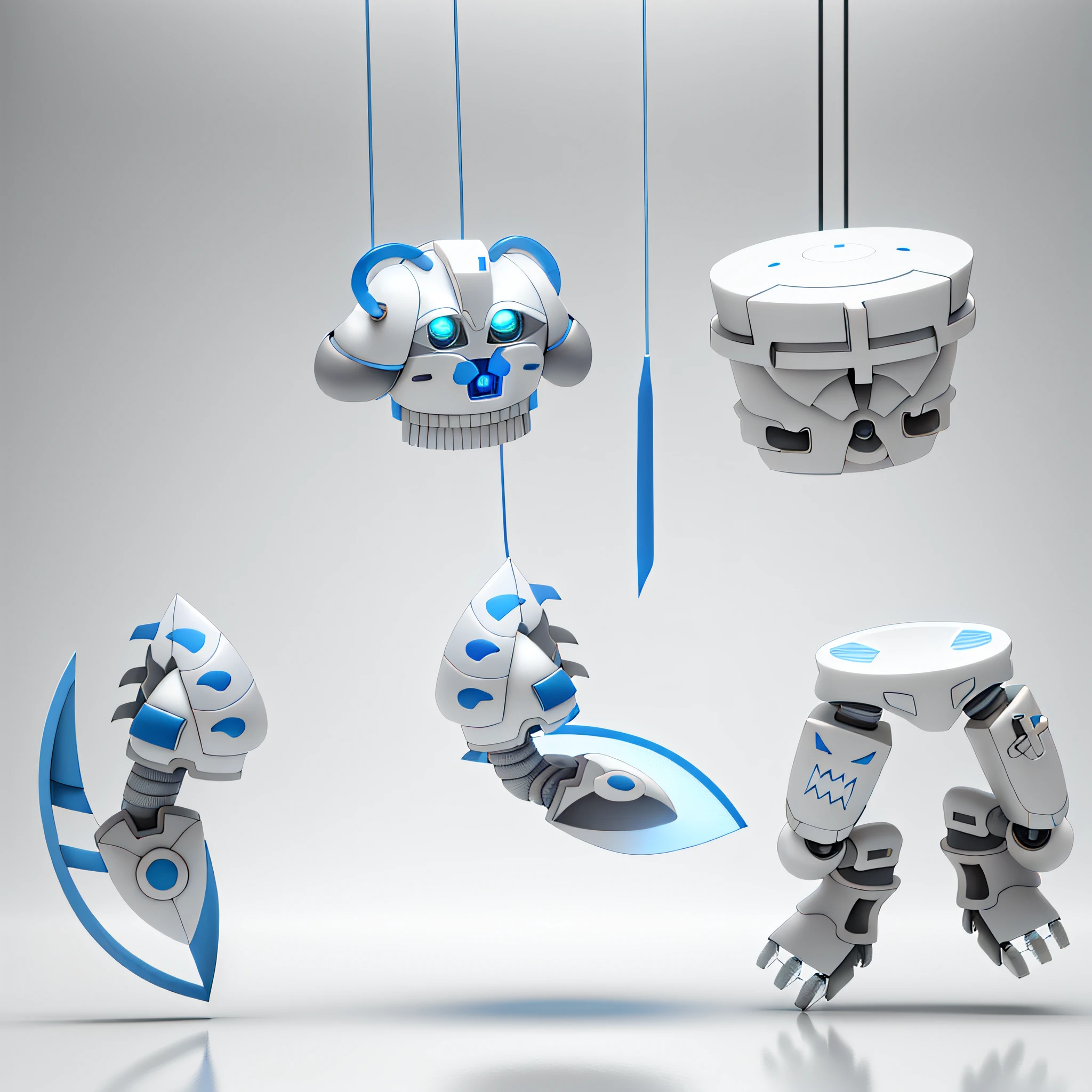 (photo-quality CG work), (five parts of the dangling robot body, each with two or three colors, consisting of blue 50%/white color), (light gray background), (soft lighting), (3D, metallic), cyberpunk.