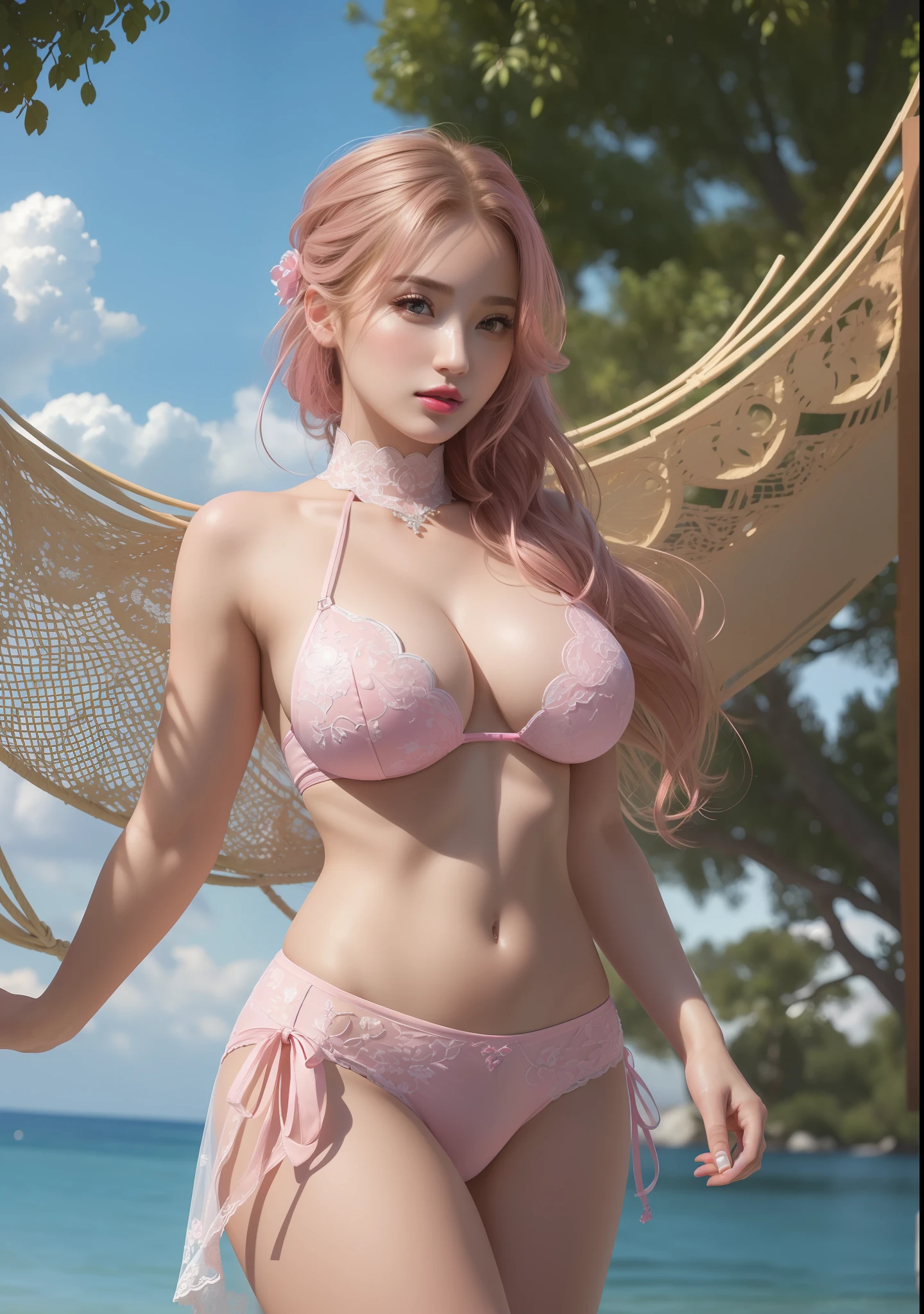 (masterpiece, best quality, extremely detailed 8k, ultra hd, ultra-detailed, highly detailed, highly realistic, ultra-realistic, photo realistic), (1girl:1.5), (detailed realistic skin), (realistic big breasts), (pink lipstick), slender abs,