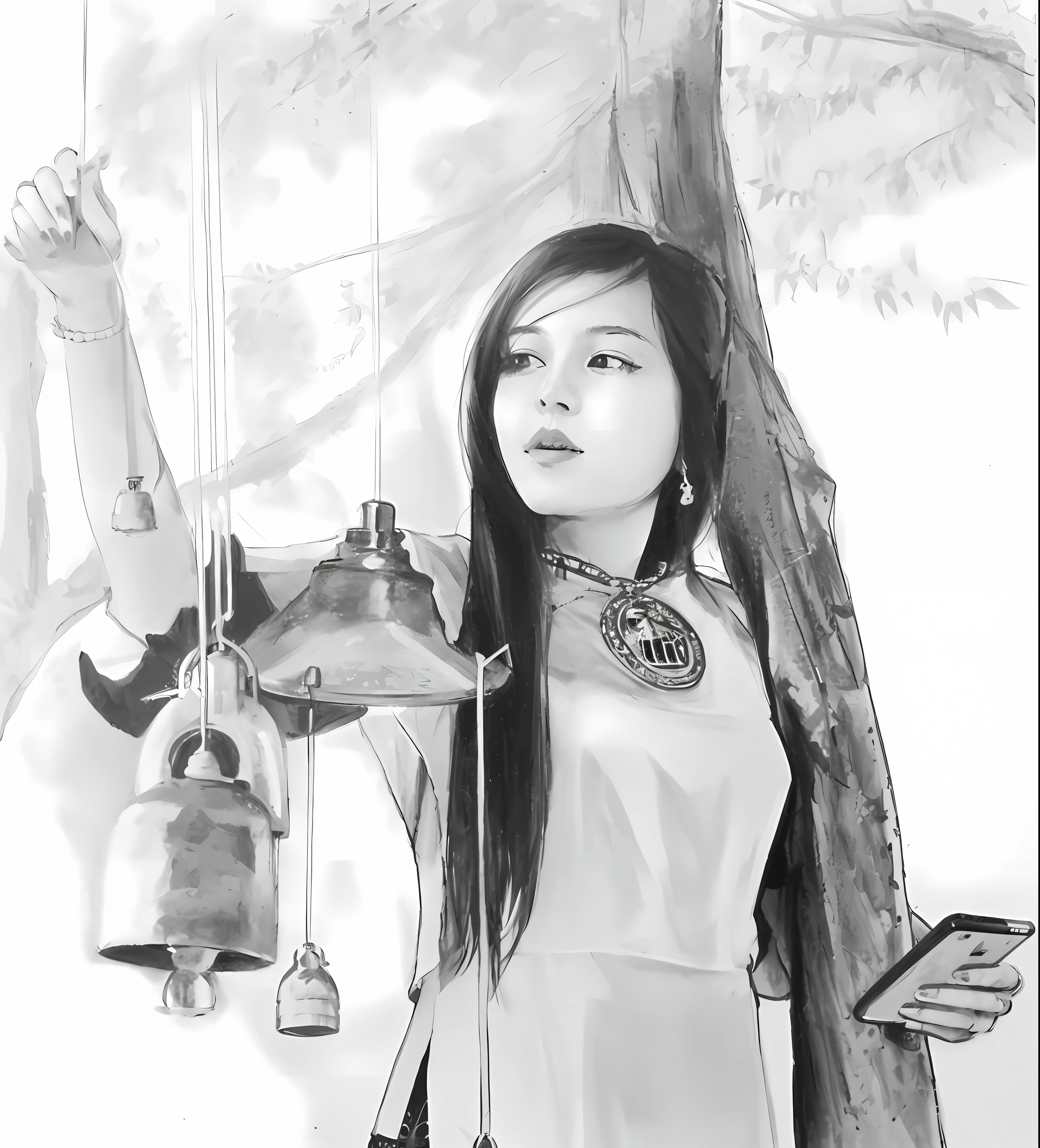 drawing of a woman holding a cell phone and a bell.