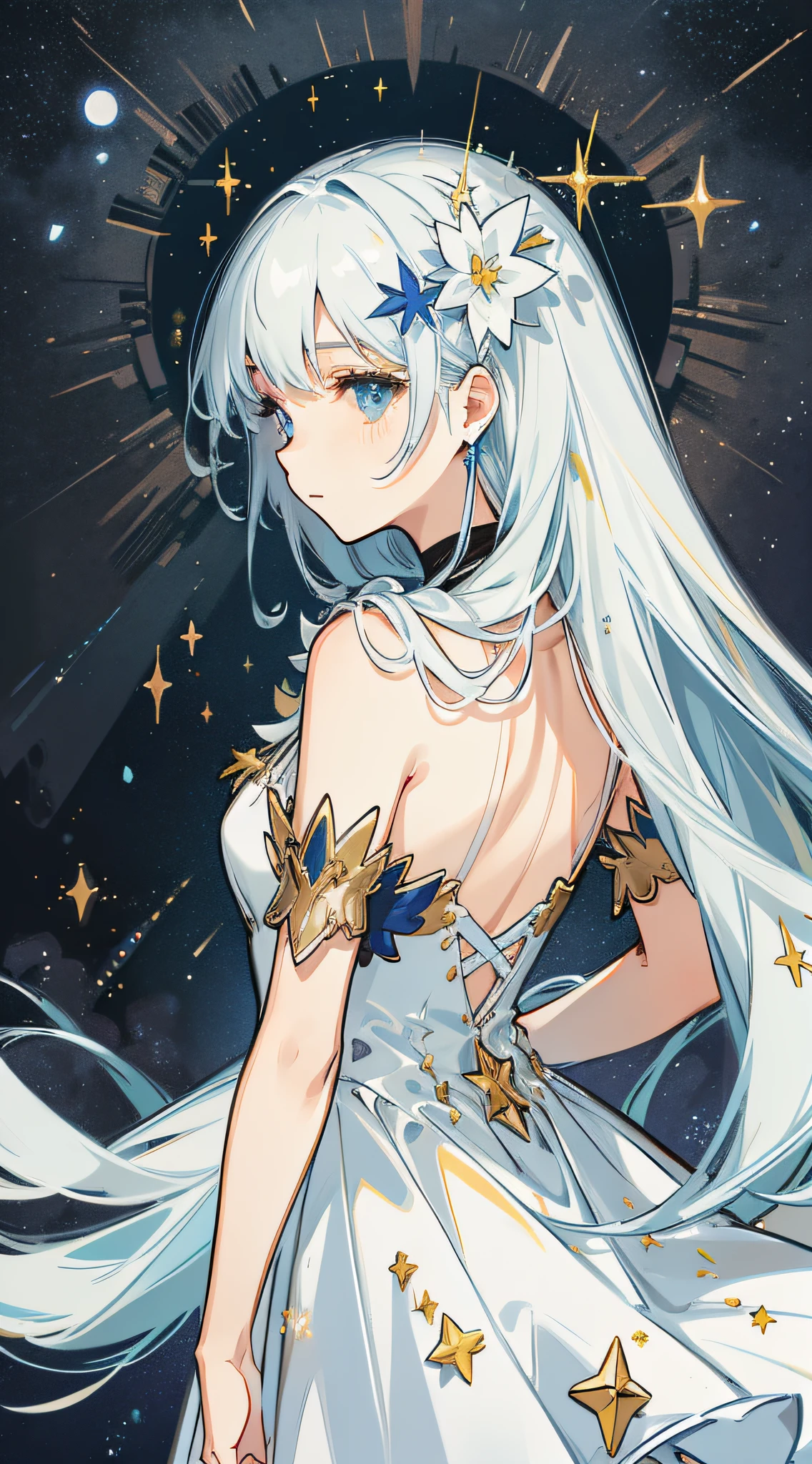 Under the stars, shooting stars, girl standing, back, small river reflecting the starry sky, girl long hair, white dress, hair flying, delicate, night