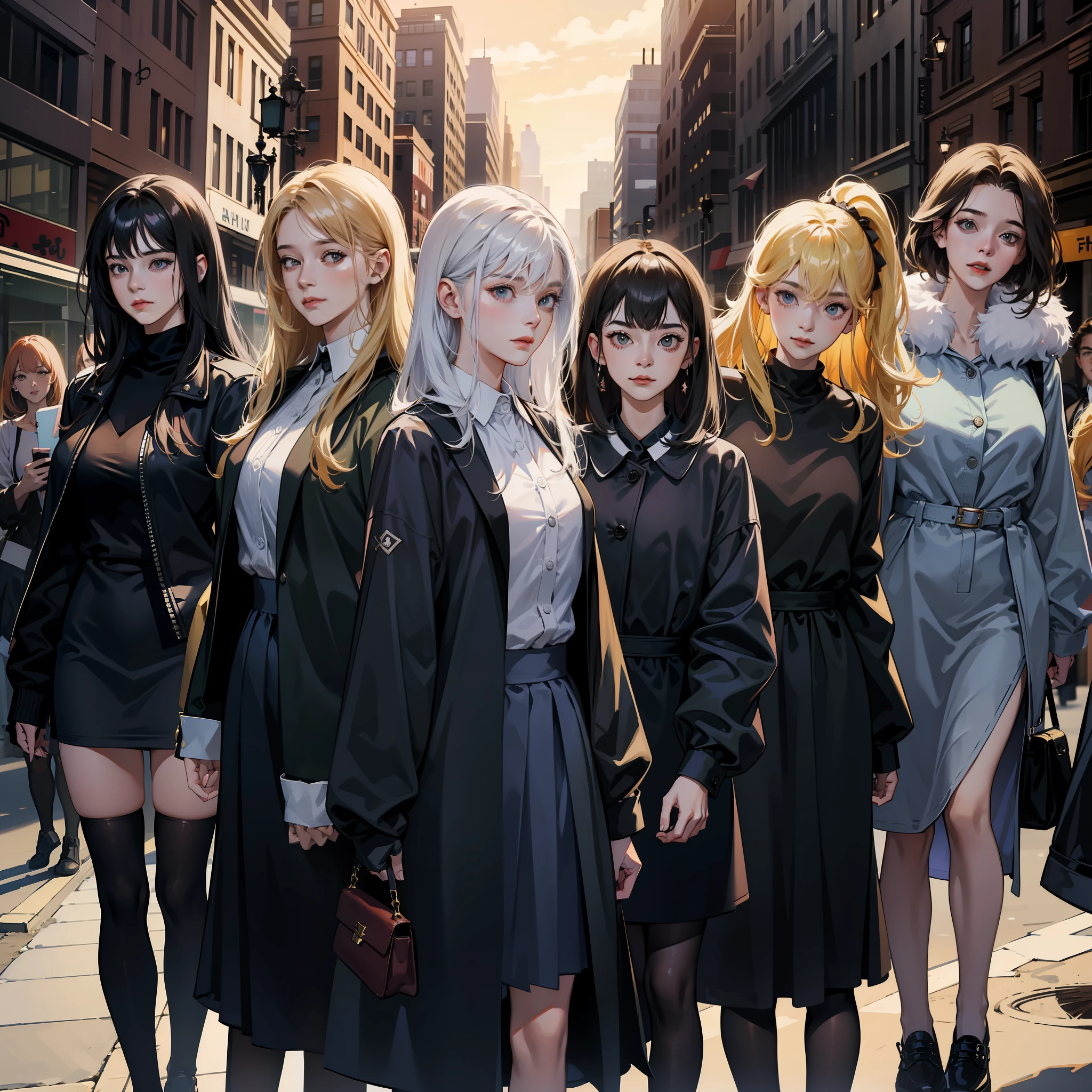 Nine girls, wearing different clothes, city street background, different hairstyles and colors, black silk underneath