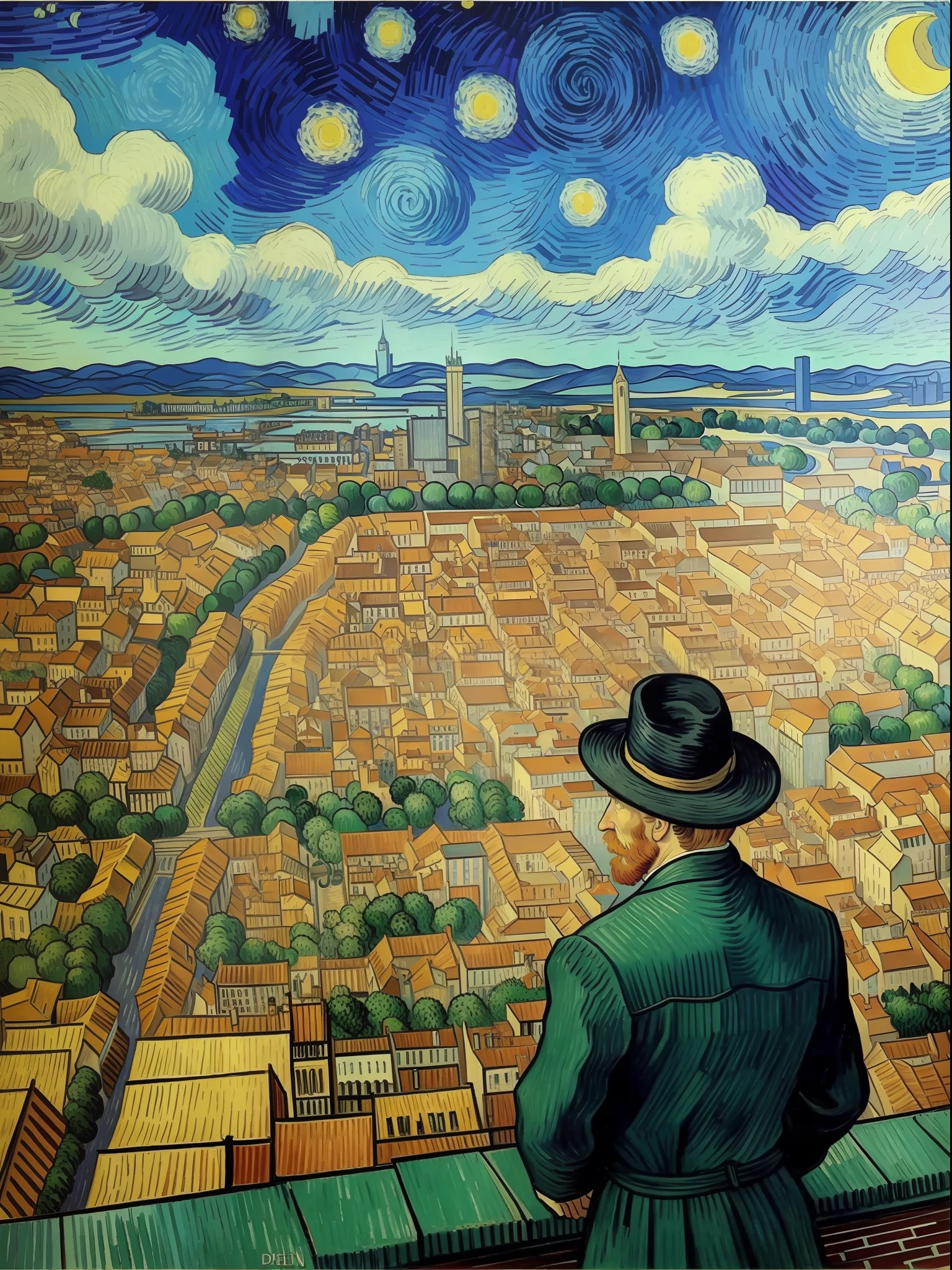 Vincent van Gogh looking down at a city, city view