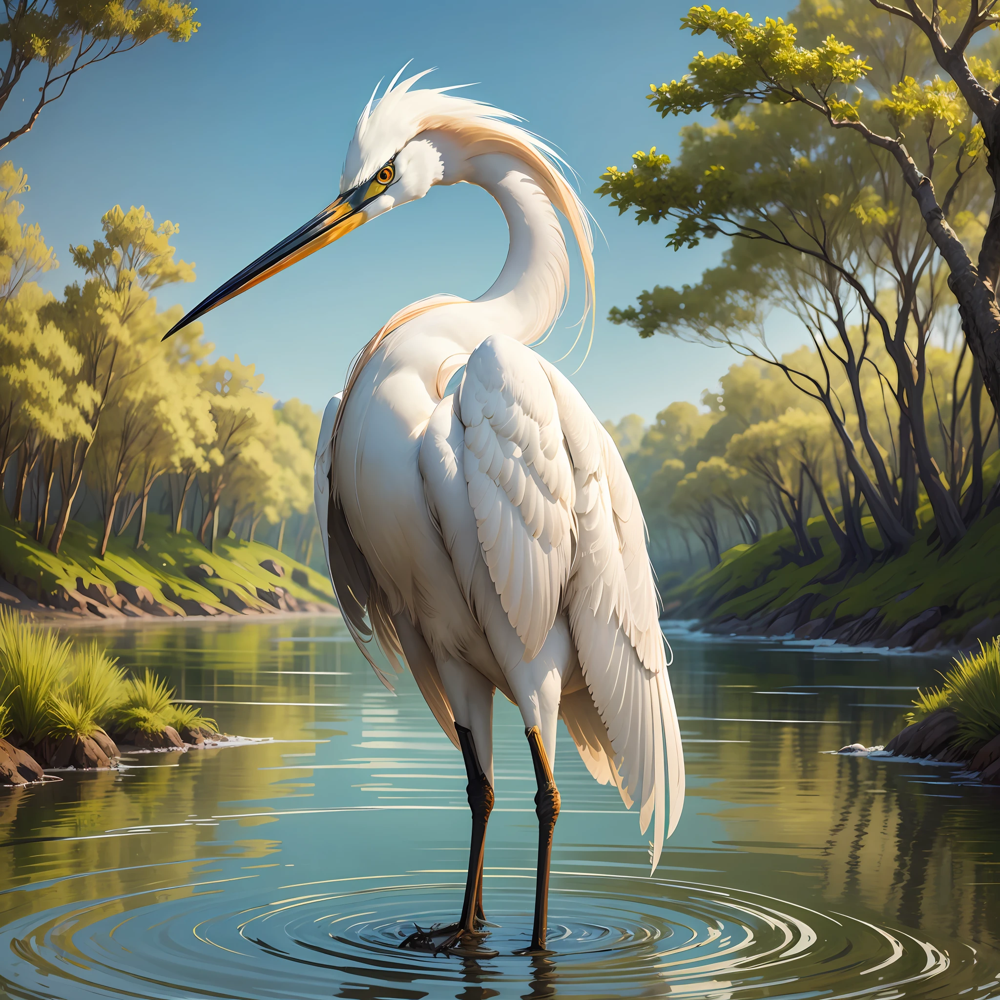 A majestic egret, standing tall in the water with its wings spread wide, surrounded by a serene and tranquil environment, overlooking the beauty of nature. --auto --s2