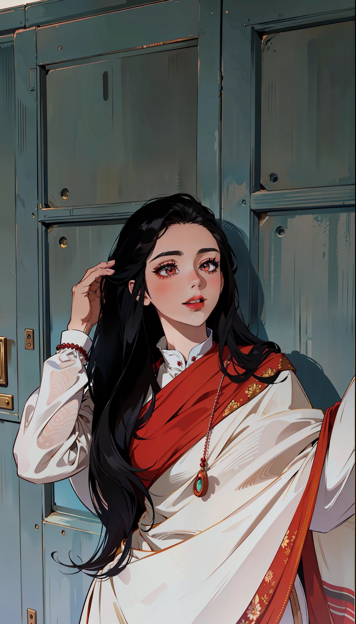 (masterpiece),(best quality:1.0), (ultra highres:1.0), detailed illustration, 8k, anime, 1girl, beautiful anime girl, wearing a white and red saree, dark eyes, detailed eyes, looking away, black hair, detailed hair detailed, highlights on hair, smiling, matte red lipstick, red lips, anime style, best qualilty, detailed