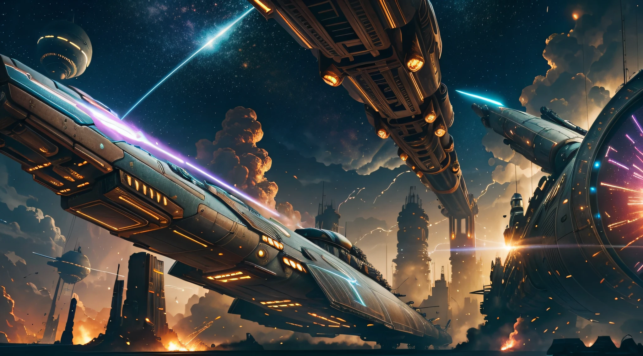 steampunk style, cool tones, cinematic effects, motion photography, time-lapse, Fuji, long exposure, sci-fi style starships, flying starships in battle, flying missiles, tail erupting blue flames, mood lights, surreal sci-fi city in the background, red particle special effects, particle light, aesthetics, 8K, top painting, concept art, epic composition, with HD details, metallic texture and tension composition, hyperrealism, ultra-realistic, rich in detail, 3D
