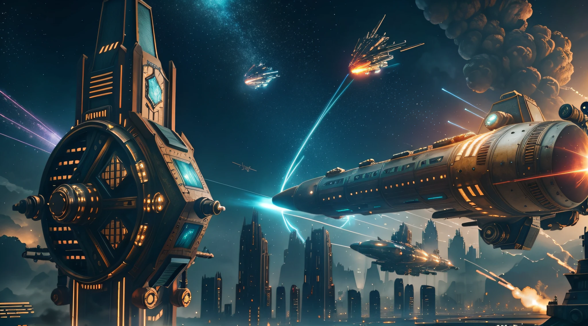 steampunk style, cool tones, cinematic effects, motion photography, time-lapse, Fuji, long exposure, sci-fi style starships, flying starships in battle, flying missiles, tail erupting blue flames, mood lights, surreal sci-fi city in the background, red particle special effects, particle light, aesthetics, 8K, top painting, concept art, epic composition, with HD details, metallic texture and tension composition, hyperrealism, ultra-realistic, rich in detail, 3D