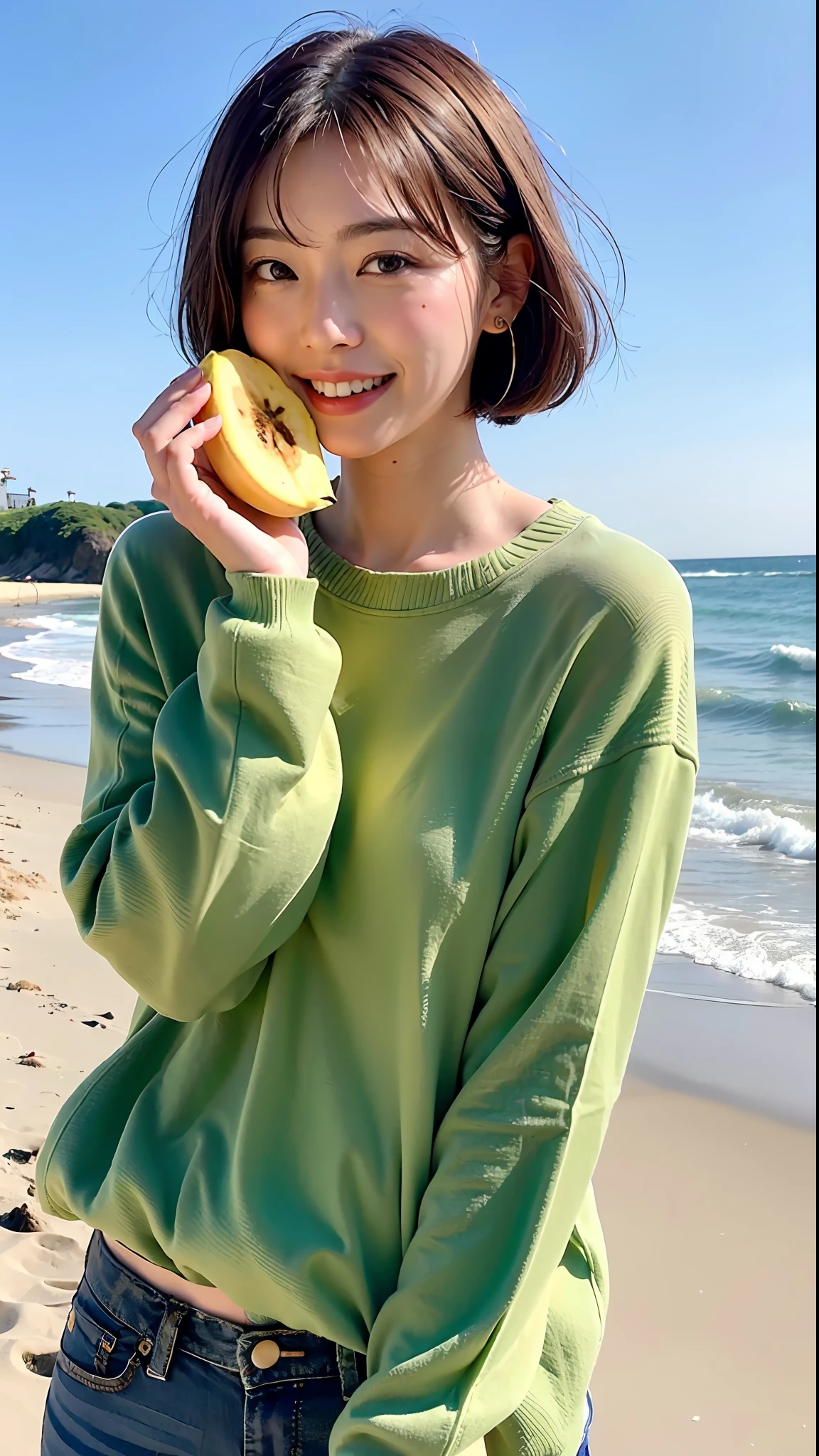 (Best Quality, 8k, 32k, Masterpiece, UHD: 1.2), Cute Japan Woman Pictures, Big, Very Short Bob Hair, Upper Body, Face Focus, oversized_sweater, Beach Background, Man Inviting Feeling, Eating Bananas
