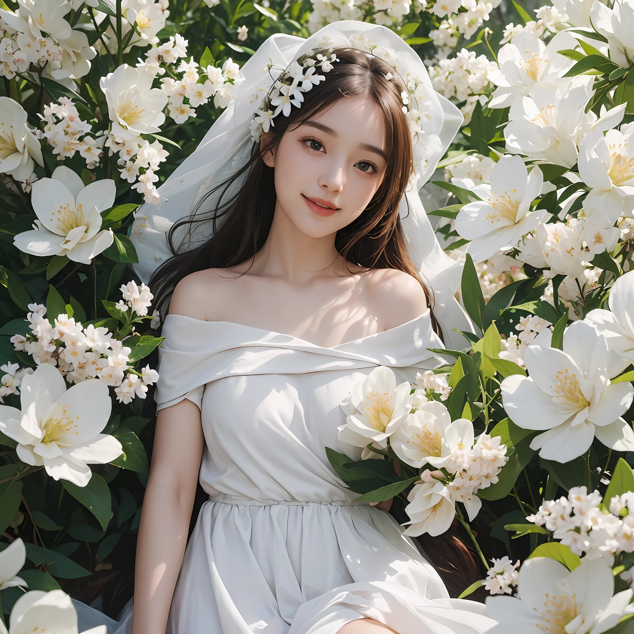 Best quality, masterpiece, ultra high res, (photorealistic:1.4), raw photo, 1girl, white dress, off shoulder, blossom flower field, glowing skin, light smile --auto --s2