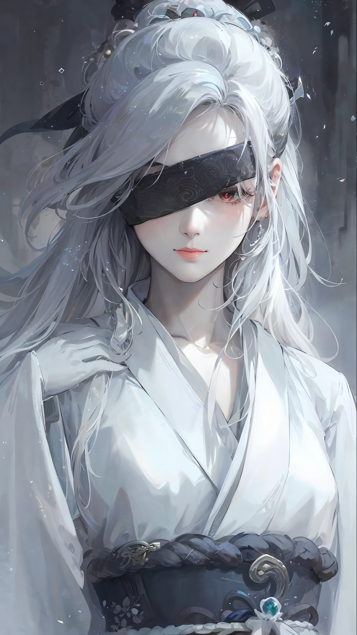Close-up of a woman with white hair and white mask, beautiful figure painting, Guvitz, Guwiz style artwork, white-haired god, Yang J, epic exquisite character art, stunning character art, Fan Qi, Wu Jun Shifan, Gu Wiz in pixiv art station, black silk belt, black silk face scarf