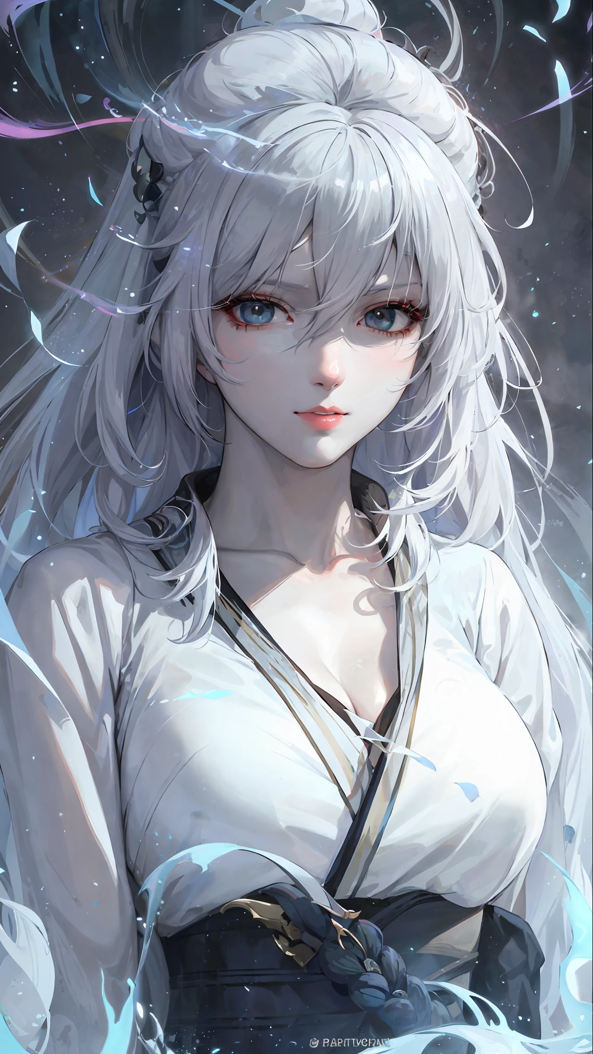 Close-up of a woman with white hair and white mask, beautiful figure painting, Guvitz, Guwiz style artwork, white-haired god, Yang J, epic exquisite character art, stunning character art, Fan Qi, Wu Jun Shifan, Gu Wiz in pixiv art station, black silk belt, black silk face scarf