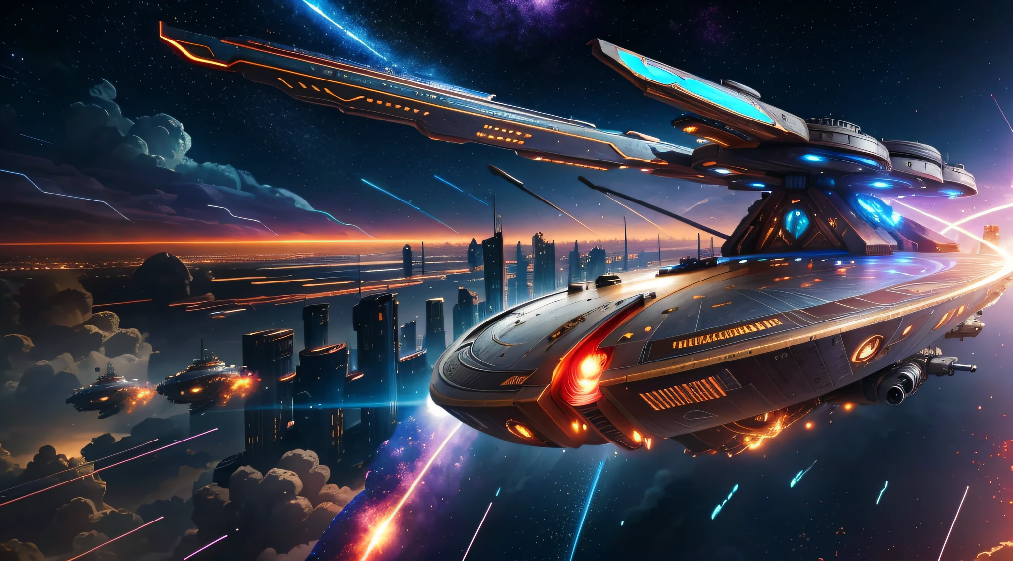 steampunk style, cool tones, cinematic effects, motion photography, time-lapse, Fuji, long exposure, sci-fi style starships, flying starships in battle, flying missiles, tail erupting blue flames, mood lights, surreal sci-fi city in the background, red particle special effects, particle light, aesthetics, 8K, top painting, concept art, epic composition, with HD details, metallic texture and tension composition, hyperrealism, ultra-realistic, rich in detail, 3D