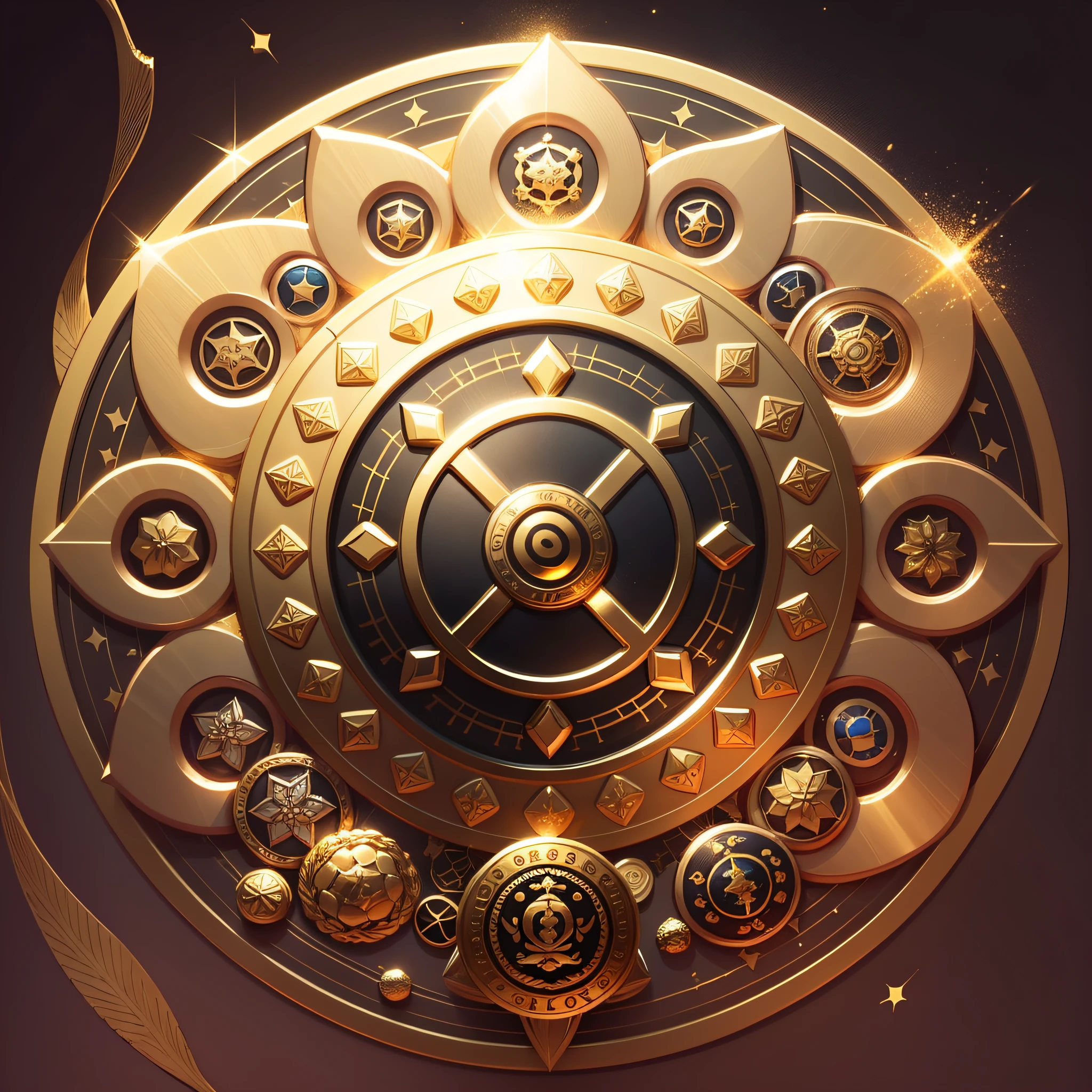 The background is gold dark pattern, there is a round badge in the middle with a pile of gold stones, the main body is a large gold nugget, and the circle is a badge pattern multi-layered circle, high-grade, complex --auto --s2