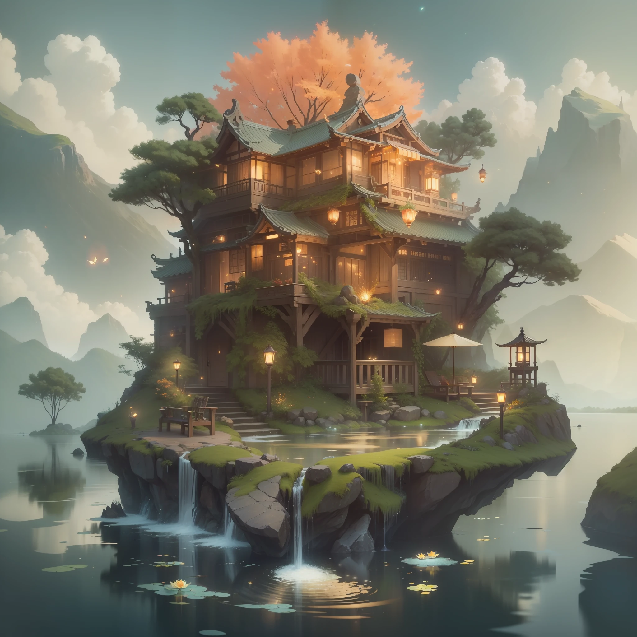 Mountains and rivers
Masterpiece, best quality, (very detailed CG unified 8k wallpaper), (best quality), (best illustration), (best shadow), glowing elf with a glowing deer, drinking water in the pool, natural elements in forest theme. Mysterious forest, beautiful forest, nature, surrounded by flowers, delicate leaves and branches surrounded by fireflies (natural elements), (jungle theme), (leaves), (branches), (fireflies), (particle effects) and other 3D, Octane rendering, ray tracing, super detailed, alpine flowing water Xiaoqiao artistic conception beauty, there is a kind of sea and a hundred rivers with tolerance and great artistic conception, and landscape painting of Jiangnan water town. Red atmosphere, maple leaves, autumn, artistic conception, red lotus, lotus pond moonlight, autumn, pond --auto --s2