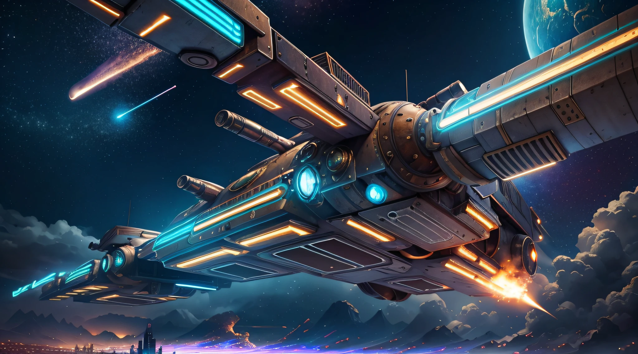 steampunk style, cool tones, cinematic effects, motion photography, time-lapse, Fuji, long exposure, sci-fi style starships, flying starships in battle, flying missiles, tail erupting blue flames, mood lights, surreal sci-fi city in the background, red particle special effects, particle light, aesthetics, 8K, top painting, concept art, epic composition, with HD details, metallic texture and tension composition, hyperrealism, ultra-realistic, rich in detail, 3D