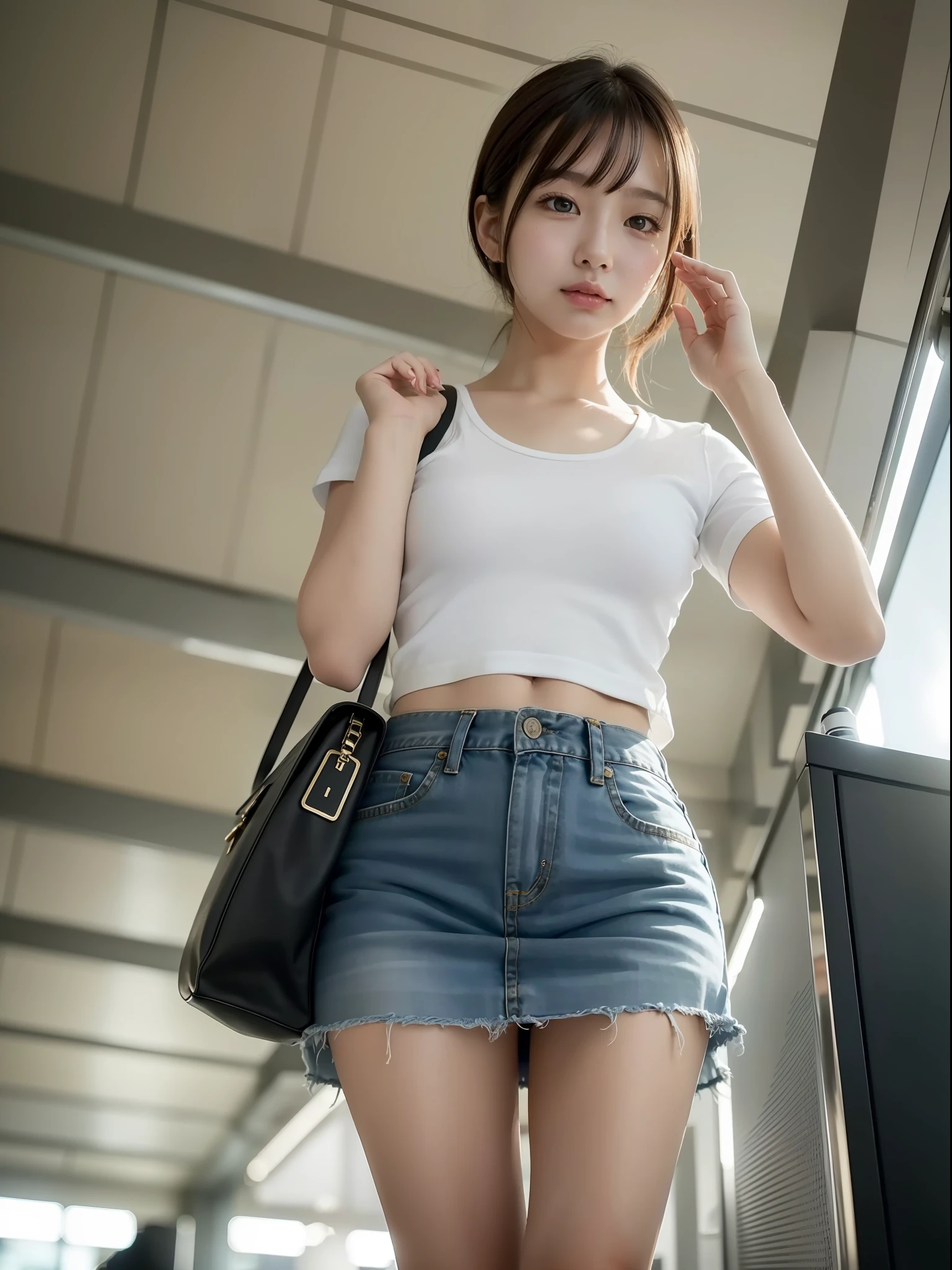 ((Best quality, 8k, Masterpiece: 1.3)), Sharp focus: 1.2, (1 AESPA girl: 1.3), (realistic, photo-realistic:1.37), face girl with cellphone, cute face, age 24, small breasts, flat chest, brunette short messy hair, walking, salute, white shirt, camisole, skirt, airport, terminal, station, something drinking, sunlight, kindness, cinematic lighting, from below, (8k, masterpiece, best quality, raw photo)
