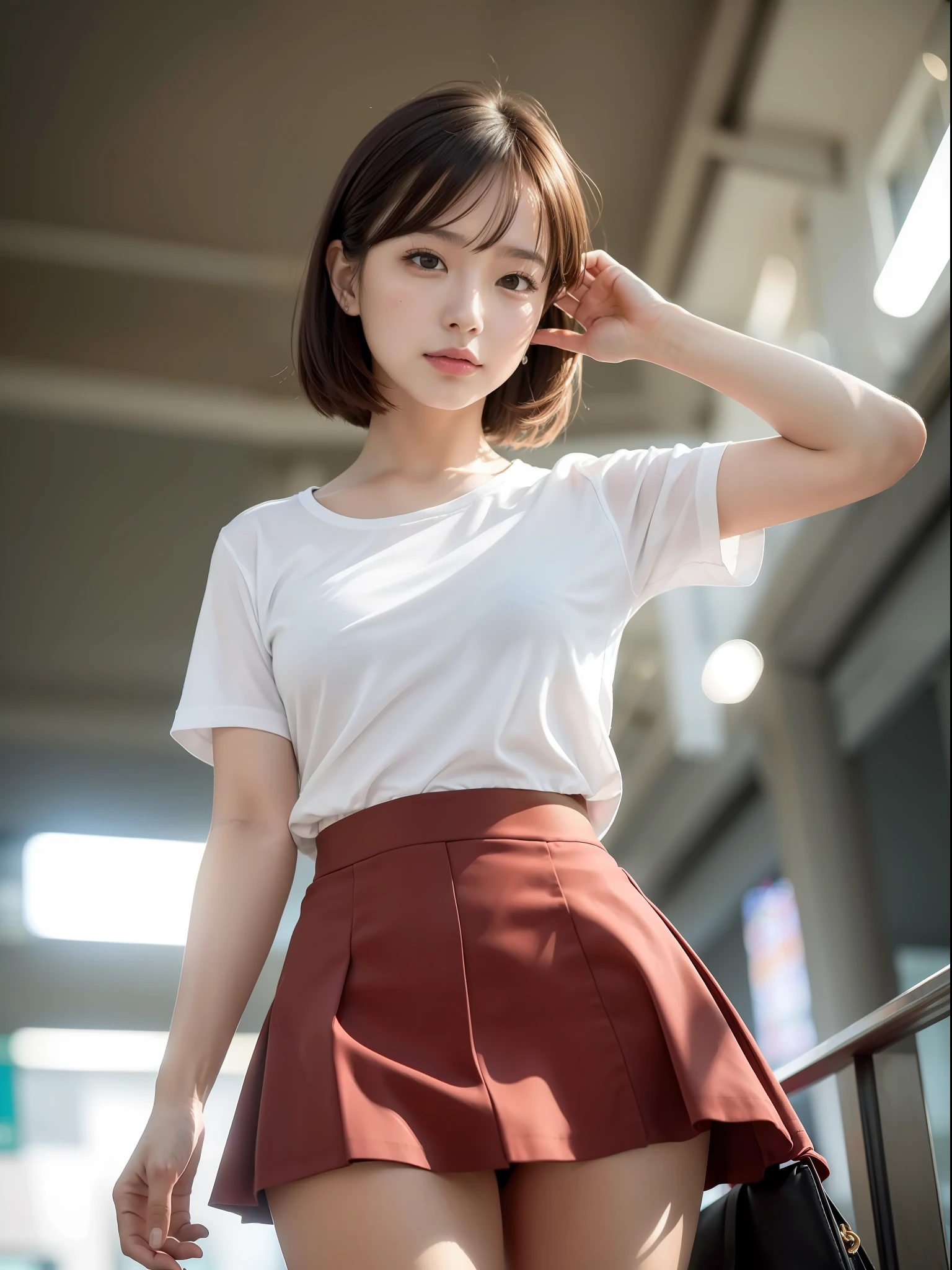 ((Best quality, 8k, Masterpiece: 1.3)), Sharp focus: 1.2, (1 AESPA girl: 1.3), (realistic, photo-realistic:1.37), face girl with cellphone, cute face, age 24, small breasts, flat chest, brunette short messy hair, walking, salute, white shirt, camisole, skirt, airport, terminal, station, something drinking, sunlight, kindness, cinematic lighting, from below, (8k, masterpiece, best quality, raw photo)