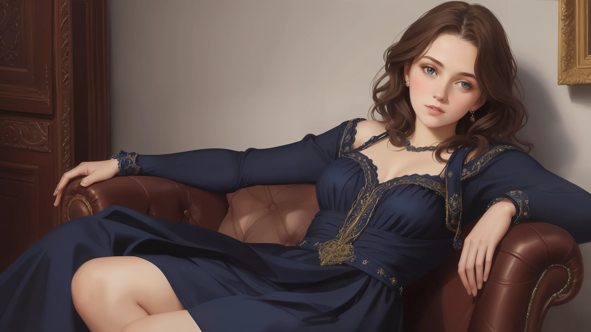 1girl, beautiful ******* girl, small breasts, revealing ornate navy blue dress, short wavy brown hair, portrait, oil painting, modern, realistic proportions, intricate, intricate details, sharp focus