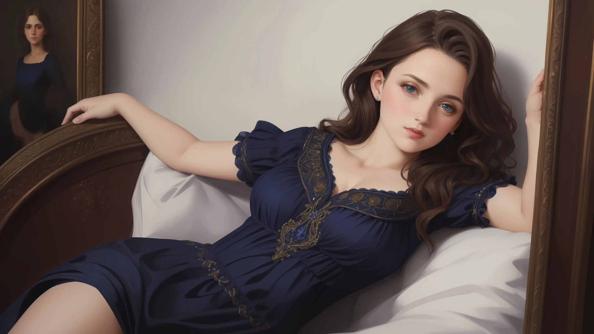1girl, beautiful girl, small breasts, revealing ornate navy blue dress, short wavy brown hair, portrait, oil painting, modern, realistic proportions, intricate, intricate details, sharp focus
