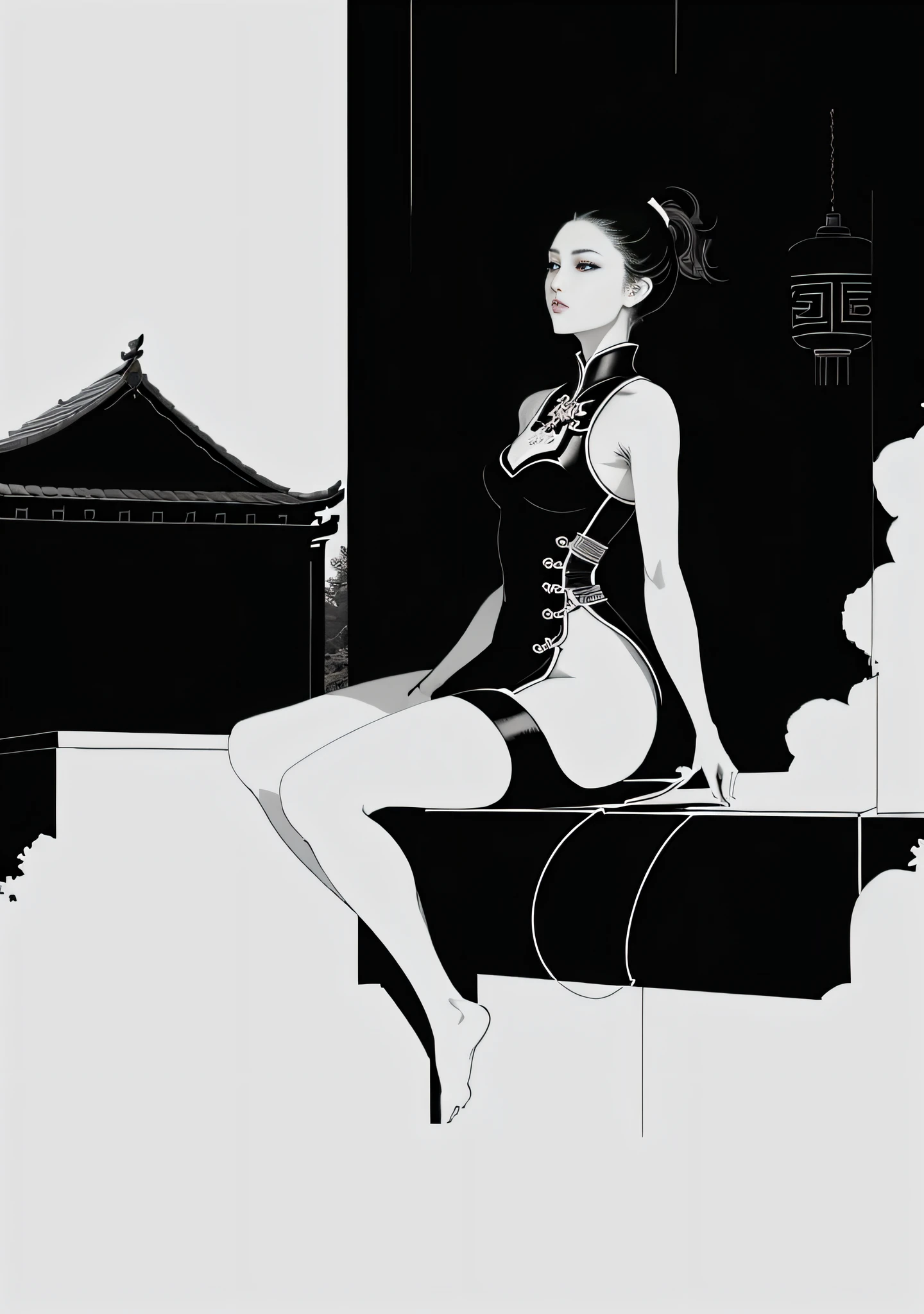 Drawing of a woman sitting under the eaves, perfect line art, clean line art, bold line art, thick line art, simple line art, line sketch, inspired by Yang Jin, inspired by Lan Ying, inspired by Ju Lian, full body Xianxia, inspired by Li Tang, extremely fine ink line art