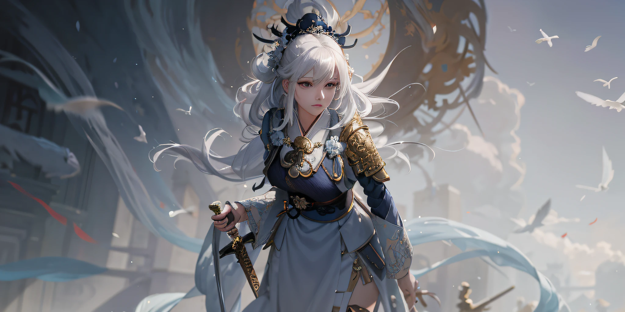 Woman with sword and bird in hand, by Yang J, White-haired God, Guvitz at Pixiv Art Station, Guvitz in ArtStation pixiv, Best Art Station for Fan Art, wlop rossdraws, Onmyoji Detailed Art, Guvitz style artwork, Kusht Krenz key art feminized, rich in detail