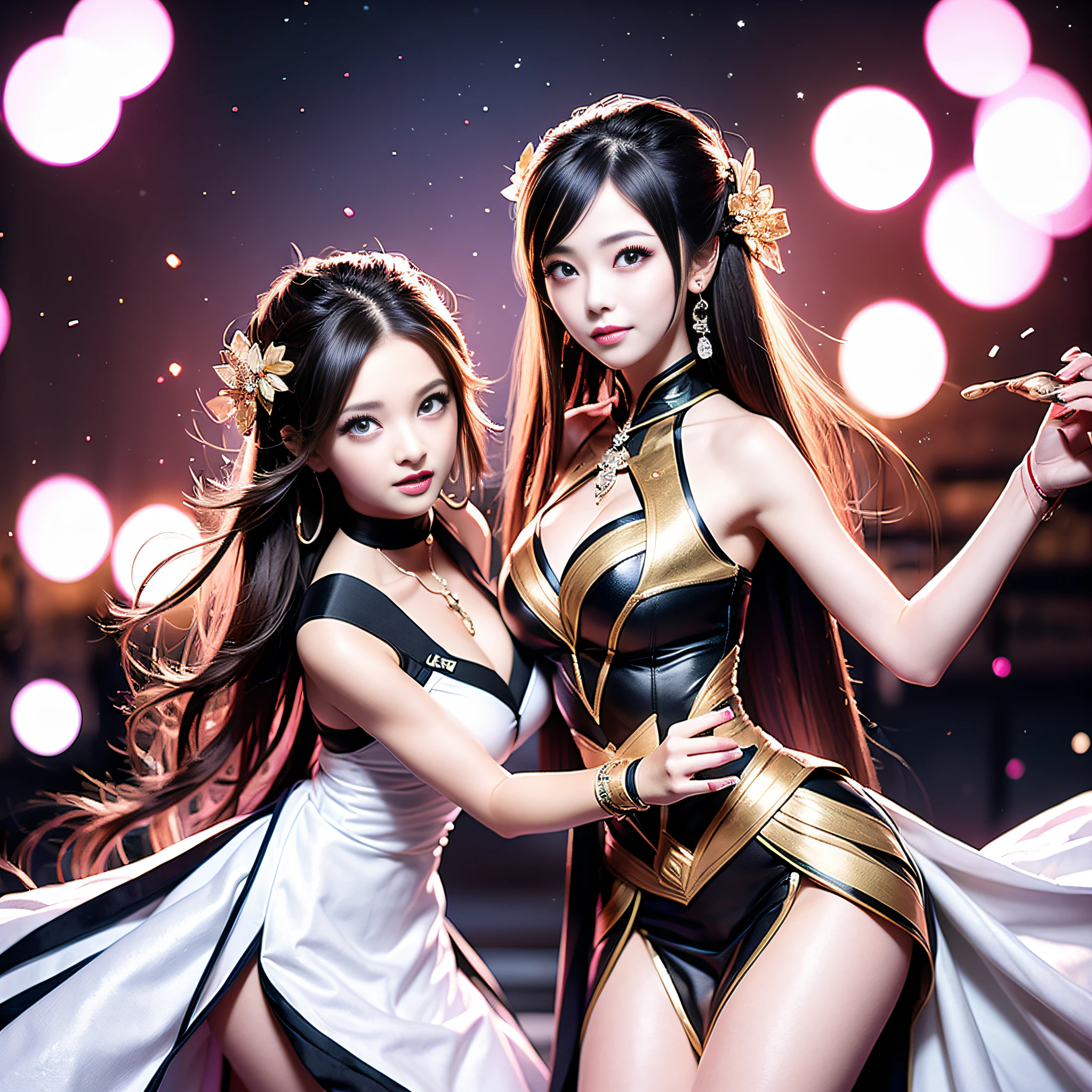 2girls, depth of field, smile, night, collarbone, fireworks, close-up, gradient hair,