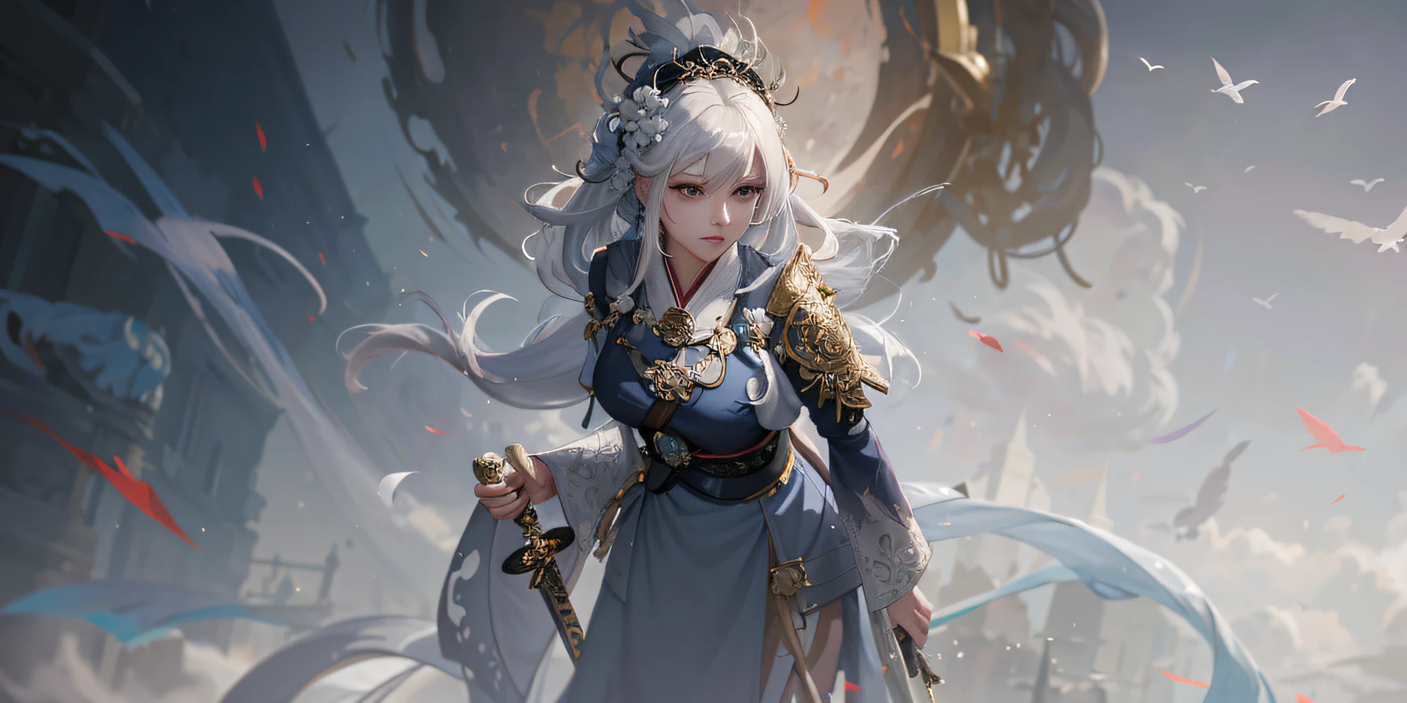 Woman with sword and bird in hand, by Yang J, White-haired God, Guvitz at Pixiv Art Station, Guvitz in ArtStation pixiv, Best Art Station for Fan Art, wlop rossdraws, Onmyoji Detailed Art, Guvitz style artwork, Kusht Krenz key art feminized, rich in detail