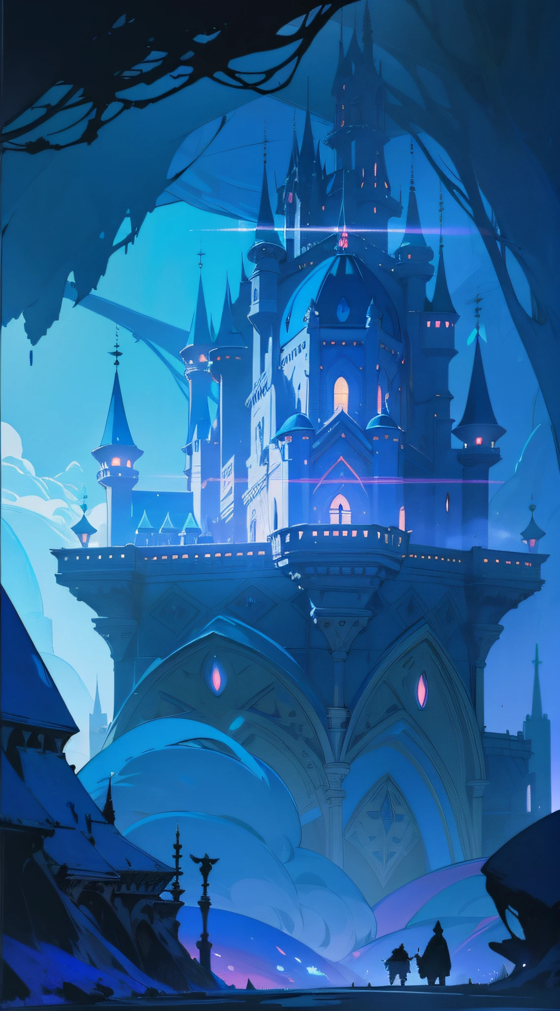 An imposing and highly ornamented fantasy castle, Carved from Sapphire stone, Atmosphere, Dramatic lighting, Beautiful Landscape, Epic composition, Wide angle, by Miyazaki, Nausicaa Ghibli, Breath of The Wild
