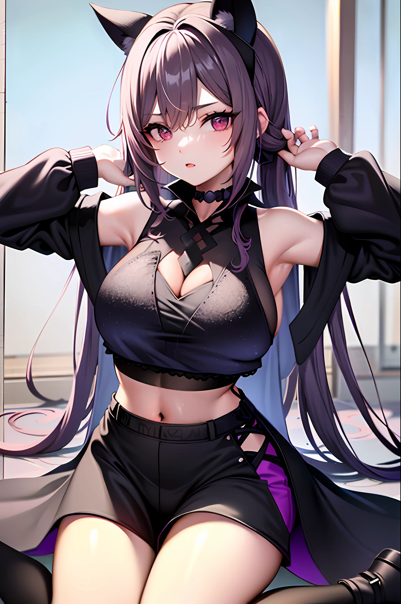 1girl, solo,black bodysuit,eyewear on head, navel, pants, purple eyes, rain, black pants, looking at viewer, bare shoulders, stomach, midriff, purple hair, parted lips, choker, off shoulder, black choker, tattoo, underwear, panties, sitting, black crop top, medium breasts, criss-cross halter, halterneck, shirt, white shirt, long hair, highleg, black panties,star-kafka,huge breasts,shiny,shiny skin,mature female