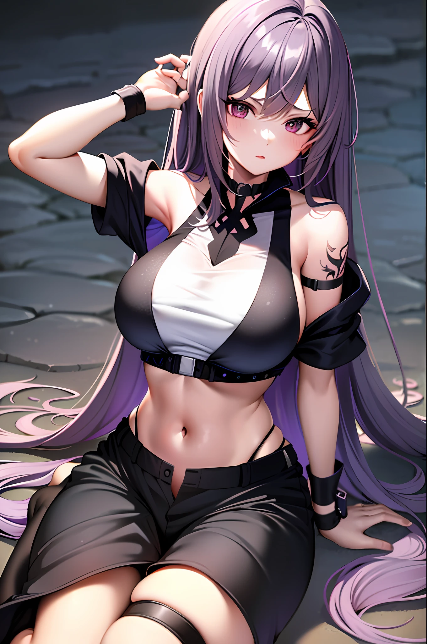 1girl, solo,black bodysuit,eyewear on head, navel, pants, purple eyes, rain, black pants, looking at viewer, bare shoulders, stomach, midriff, purple hair, parted lips, choker, off shoulder, black choker, tattoo, underwear, panties, sitting, black crop top, medium breasts, criss-cross halter, halterneck, shirt, white shirt, long hair, highleg, black panties,star-kafka,huge breasts,shiny,shiny skin,mature female