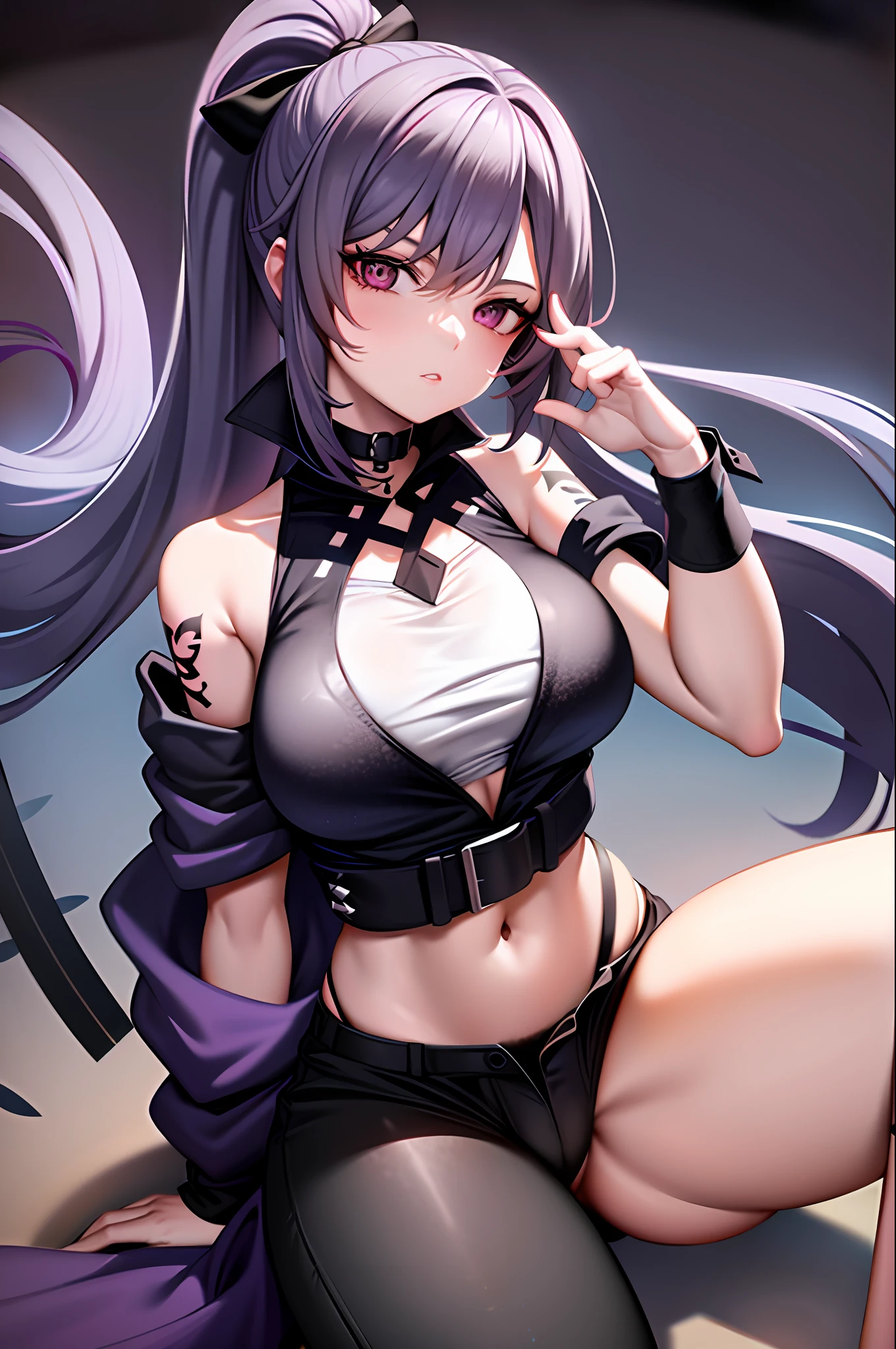 1girl, solo,black bodysuit,eyewear on head, navel, pants, purple eyes, rain, black pants, looking at viewer, bare shoulders, stomach, midriff, purple hair, parted lips, choker, off shoulder, black choker, tattoo, underwear, panties, sitting, black crop top, medium breasts, criss-cross halter, halterneck, shirt, white shirt, long hair, highleg, black panties,star-kafka,huge breasts,shiny,shiny skin,mature female