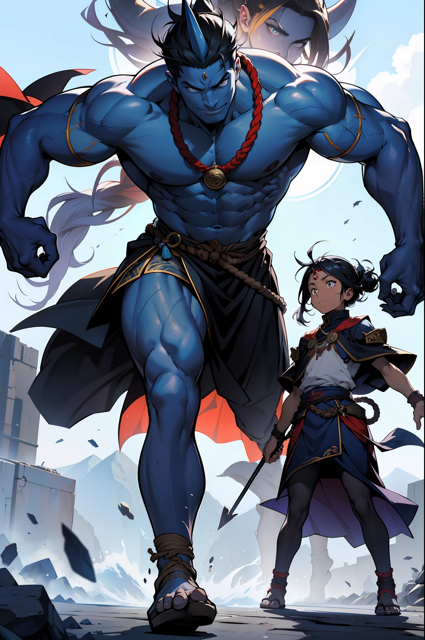 (Masterpiece, top quality: 1.2), super detailed, cinematic lighting, HDR, dancing blue-faced Kongo, Blue face Kongo, full body, blue skin, four arms, eyes on the forehead, three-eyed, three-pronged halberd, Falun, holding a rope, based on two demons under his feet, with two children and four demon gods on both sides, impressive, fun, dynamic pose, dynamic angle,