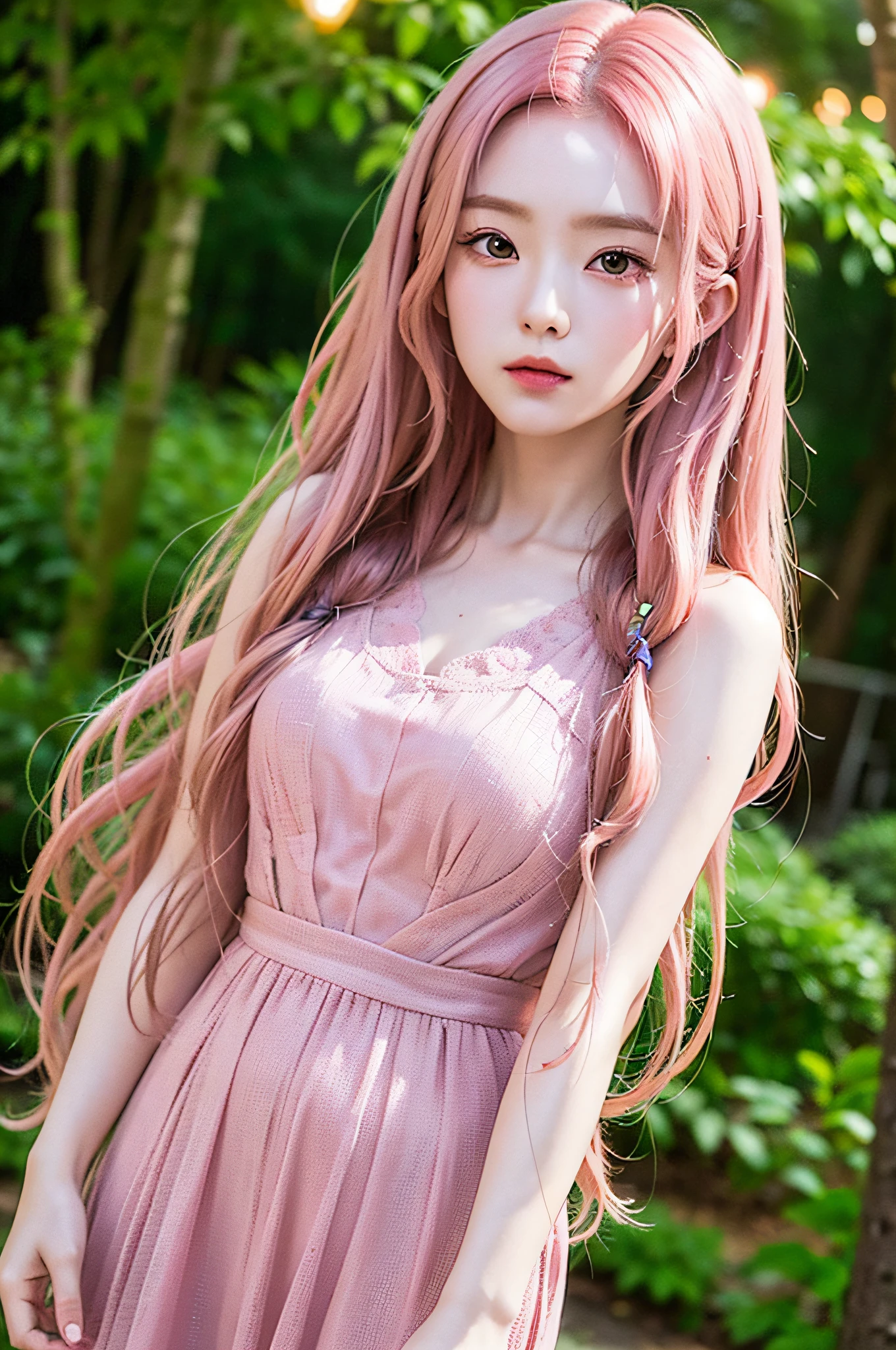 ((very detailed CG)), ((8k)), beautiful maiden, flowers, suit, forest, city night scene, a girl, beautiful face, long pink hair