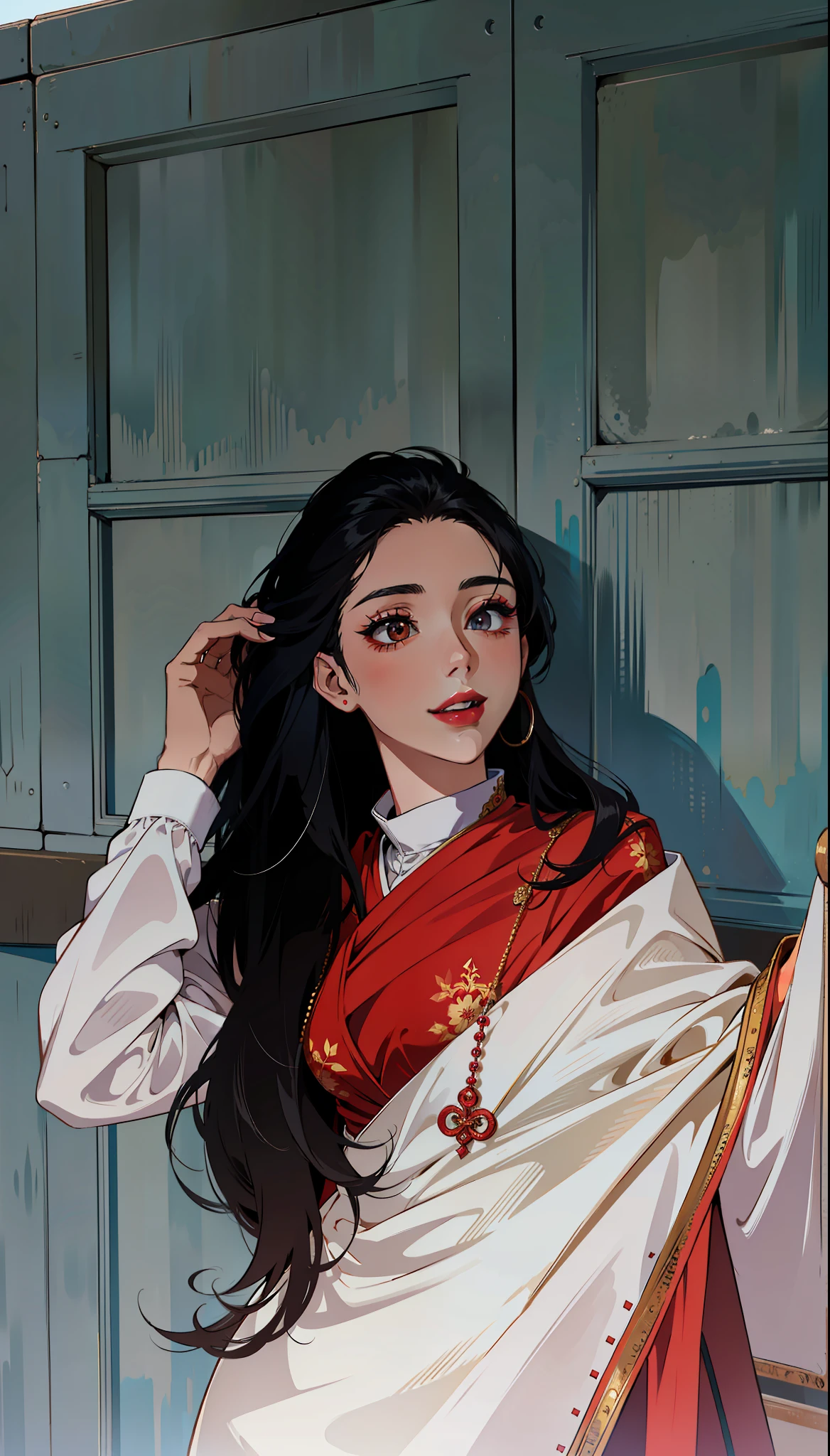 (masterpiece),(best quality:1.0), (ultra highres:1.0), detailed illustration, 8k, anime, 1girl, beautiful anime girl, wearing a white and red saree, black eyes, detailed eyes, looking away, black hair, detailed hair detailed, highlights on hair, smiling, matte red lipstick, red lips, anime style, best quality, detailed