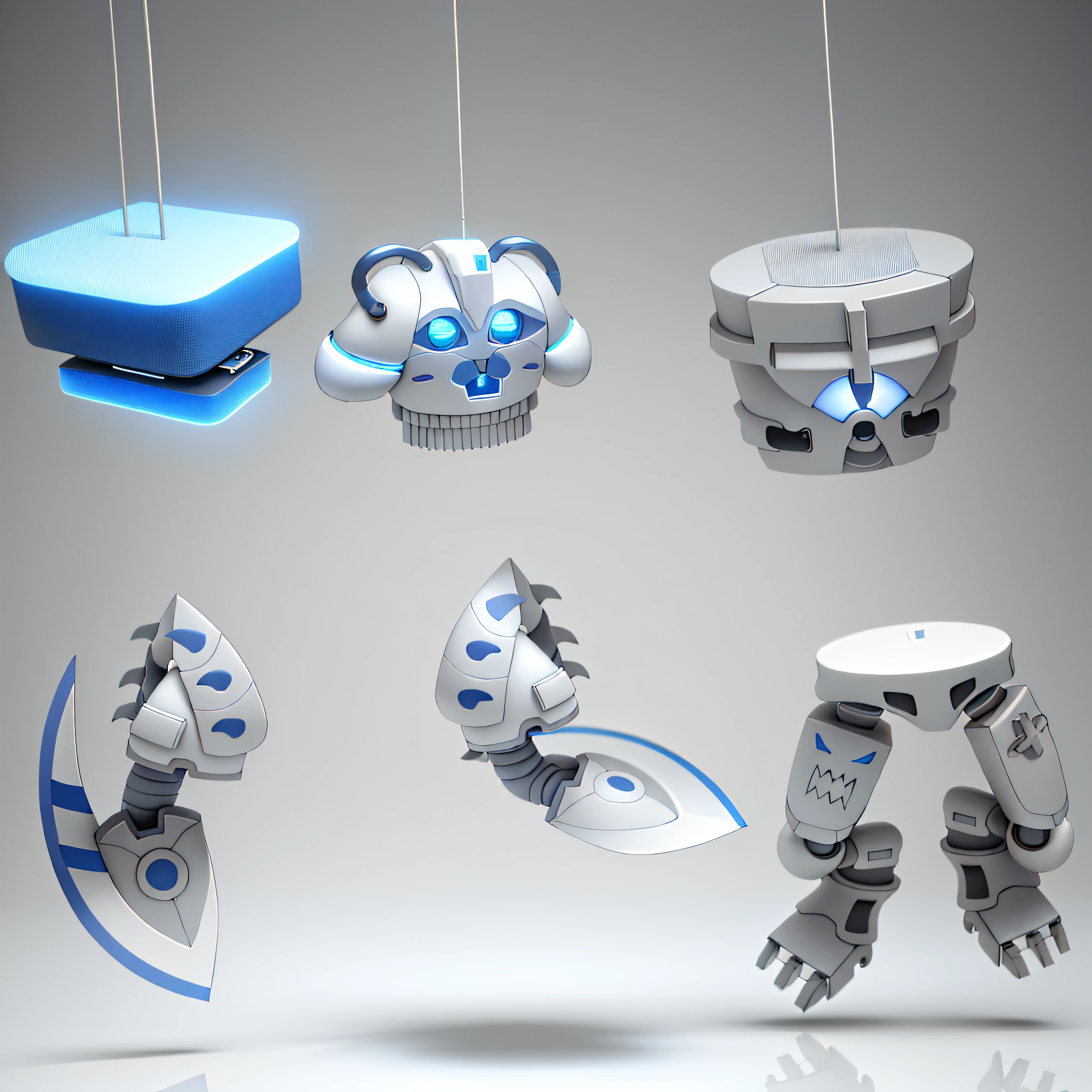 (photo-quality CG work), (five parts of the dangling robot body, each with two or three colors, consisting of blue 50%/white color), (light gray background), (soft lighting), (3D, metallic), cyberpunk.