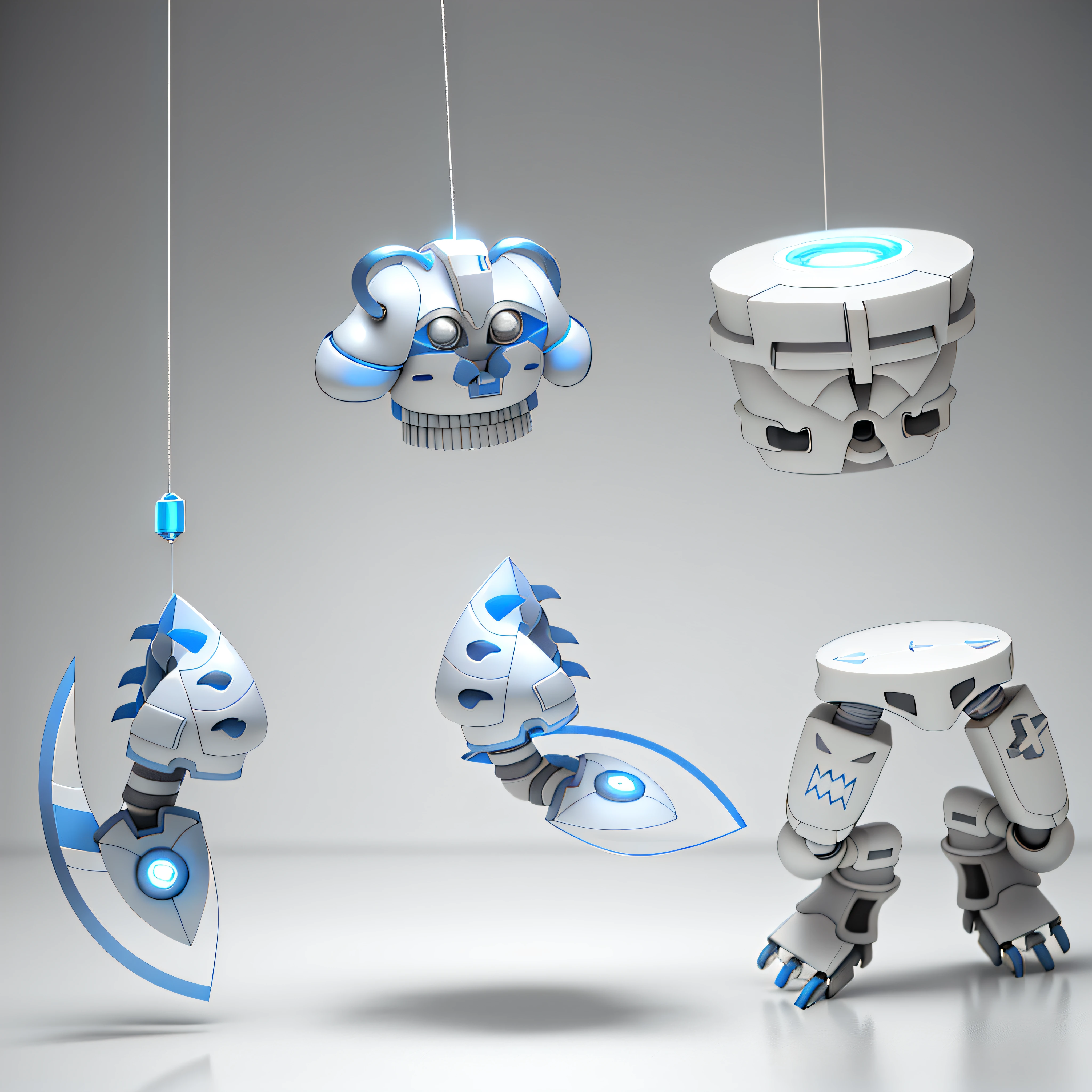 (photo-quality CG work), (five parts of the dangling robot body, each with two or three colors, consisting of blue 50%/white color), (light gray background), (soft lighting), (3D, metallic), cyberpunk.