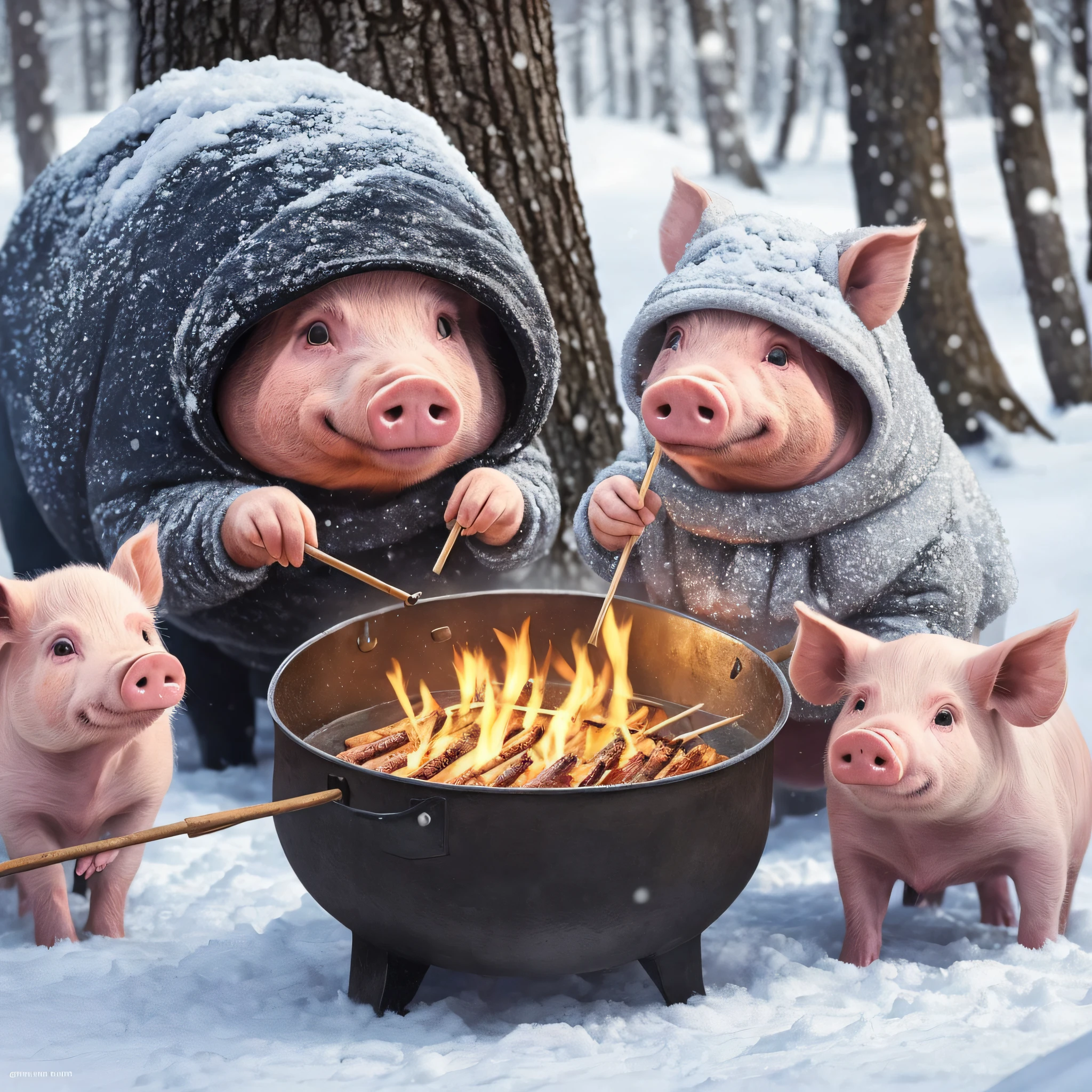Please create an image of a pig wearing a warm coat and holding a barbecue skewer on a fire in a cold setting. The pig must be smiling and look happy while cooking its meat over the fire. The surrounding environment should look frozen, with snow covering the trees and the ground. The pig should be wearing a winter hat to protect itself from the cold. Please include realistic details in the image to make it more immersive and vivid. --auto --s2