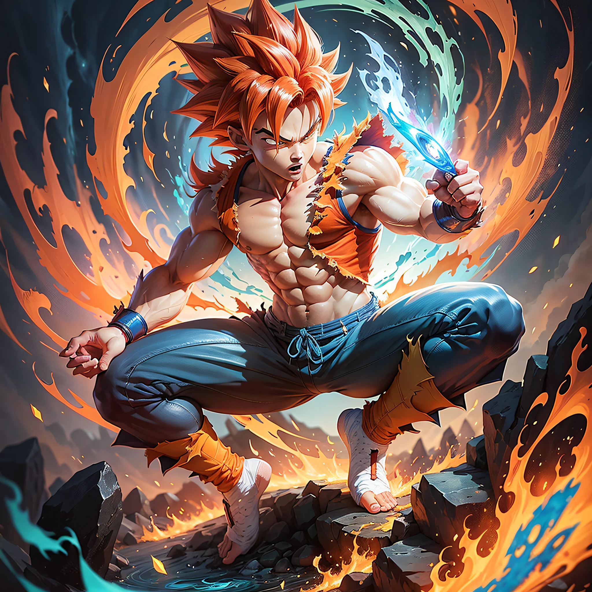 Cartoon image of a very young Goku, red hair, turned into a super blue Saiyan, Son Goku, Dragon Ball character, Human Goku, Dragon Ball Goku, transformed into Super Instinctive, Super Saiyan Goku, Goku portrait, Goku highly detailed portrait, Goku portrait, Dragon Ball art style, full body, levitation, Super Dragon Ball --auto --s2