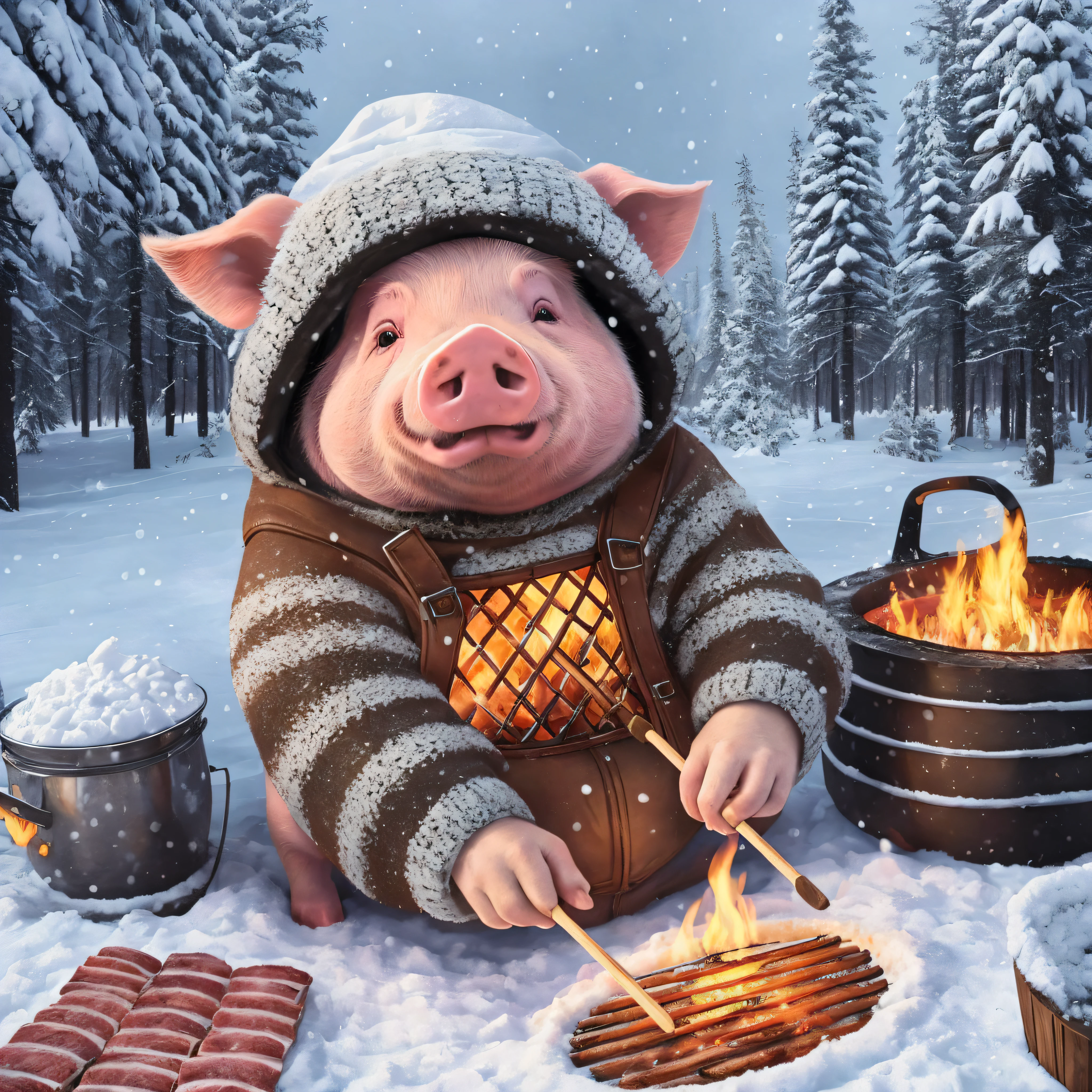 Please create an image of a pig wearing a warm coat and holding a barbecue skewer on a fire in a cold setting. The pig must be smiling and look happy while cooking its meat over the fire. The surrounding environment should look frozen, with snow covering the trees and the ground. The pig should be wearing a winter hat to protect itself from the cold. Please include realistic details in the image to make it more immersive and vivid. --auto --s2