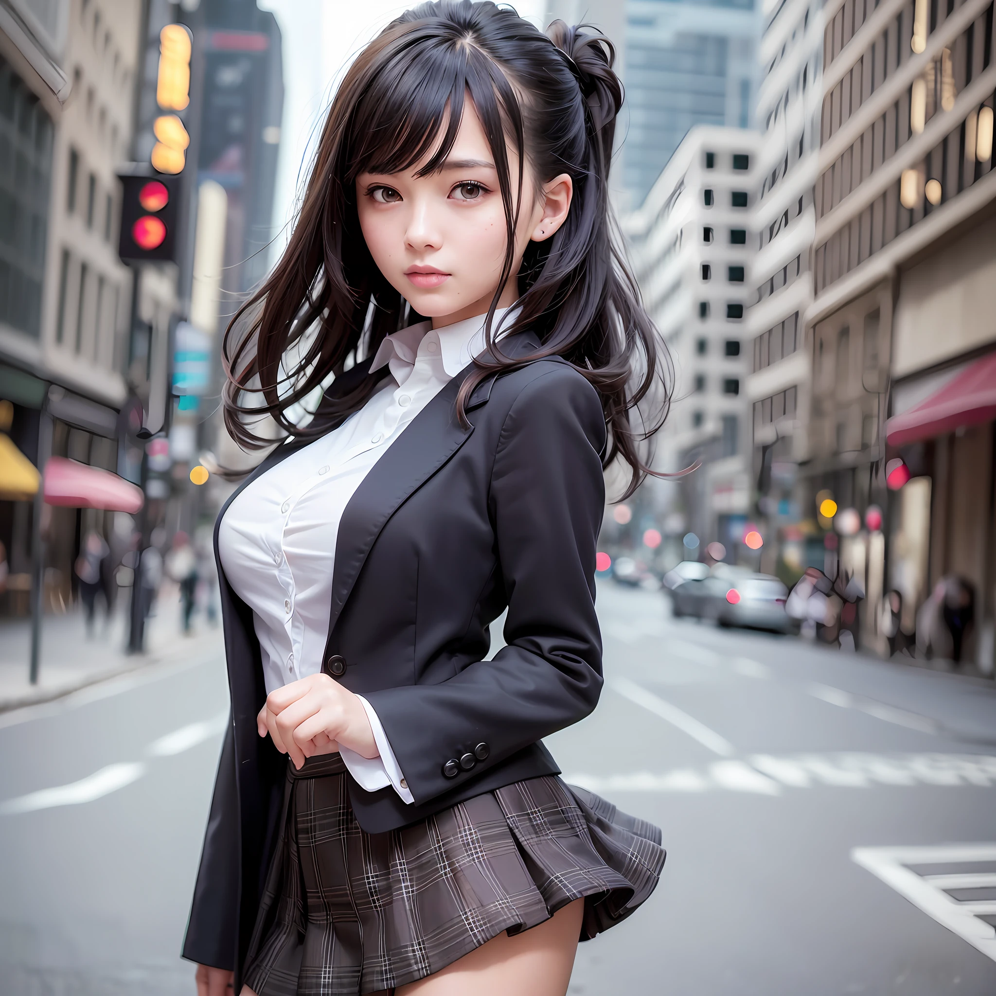 best quality, masterpiece, 1girl, Beautiful face, (photo realistic:1.3), rim lighting, (high detailed skin:1.2), 8k uhd, dslr, high quality, high resolution, 4k, 8k, Bokeh, absurdres, best ratio four finger and one thumb, (realistic:1.3), cute 1girl, wearing black formal blazer, medium breasts, short skirt, --auto --s2