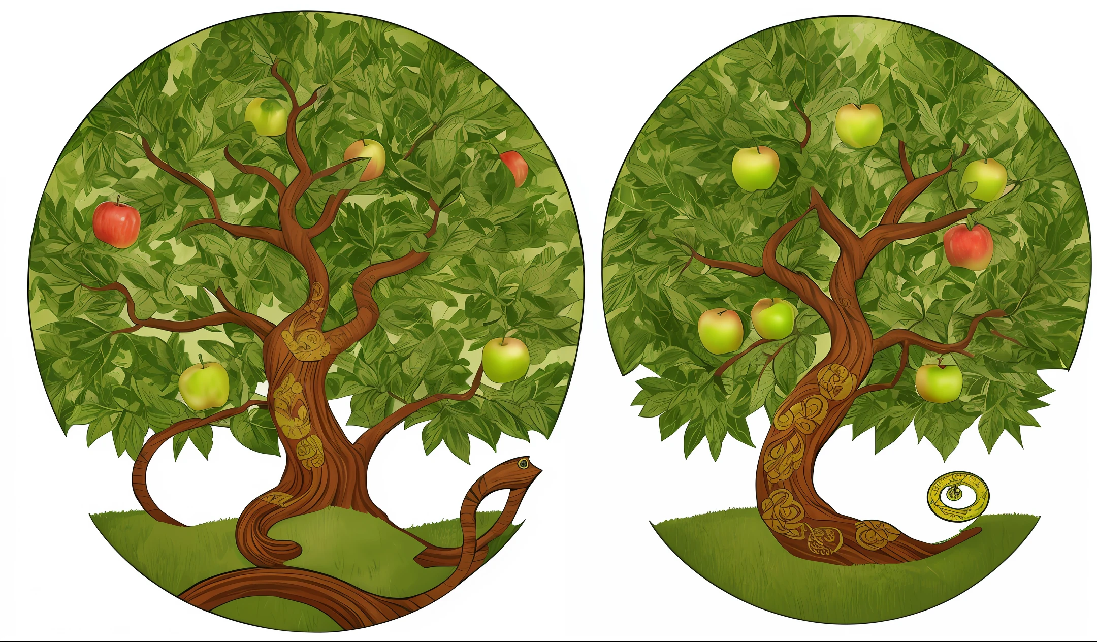 Create a tree tattoo with two apples and a medal of our lady of graces carved into the trunk and the tree is crushing a serpent