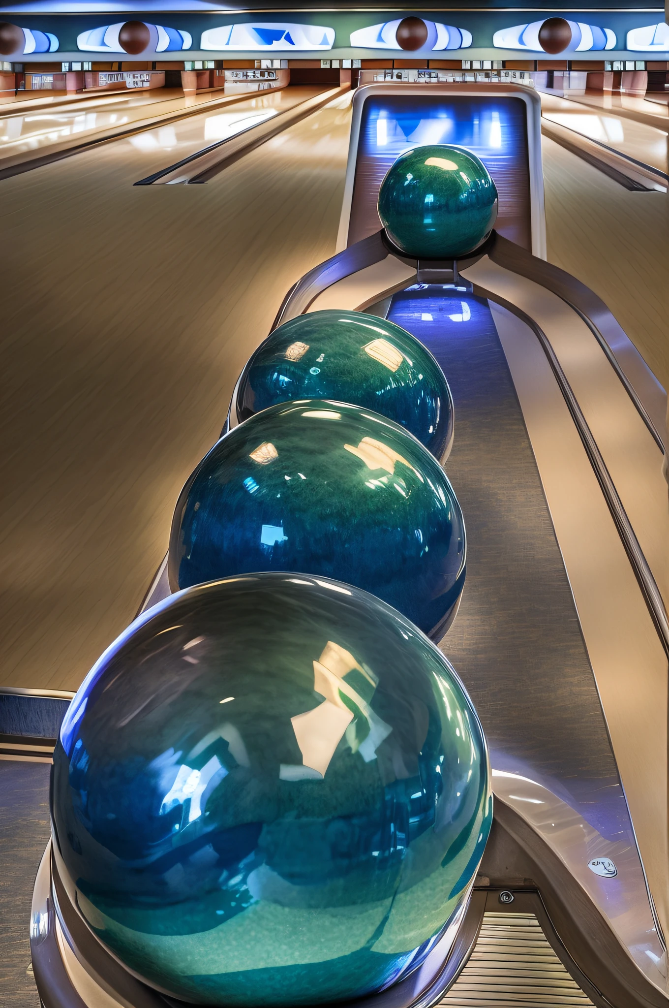 bowling balls lined up in a row on a bowling alley, bowling, art deco bowling alley, bowling alley carpet, waiting to strike, lined up horizontally, glass ball at the waist, in a row, cups and balls, the photo shows a large, bowl, recreation, paddle and ball, portrait of a big, some spherical, ready to strike, various colors