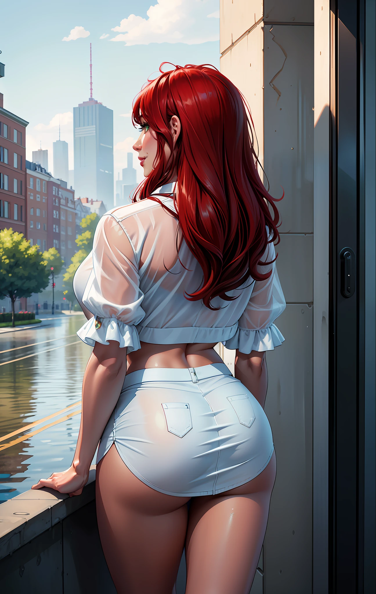 ((masterpiece)), (realistic: 1.35), best quality, (8k, best quality, masterpiece: 1.2), ultra-detailed, illustration, back, she's on her back, she's wearing a short plaid college skirt, no bra, cropped transparent white, wet outfit, smiling, gorgeous face, slim waist, beautiful hair detailed, a girl, , sexy young ((solo)), Best quality, masterpiece, ultra-detailed high res, (photo-realistic: 1.4), Full body,  long red hair, wet hair, emerald green eyes, thick shapely thighs, big ass Perfect, (high quality), (realism), 8k, sexy young, sexy realistic, best image quality, masterpiece, super high resolution, (fidelity: 1.4), realistic rain, city, simple background, detailed materials, beautiful highlights, beautiful shadows, volumetric lighting, subsurface scattering, good proportions, (mature adult: 1.15),