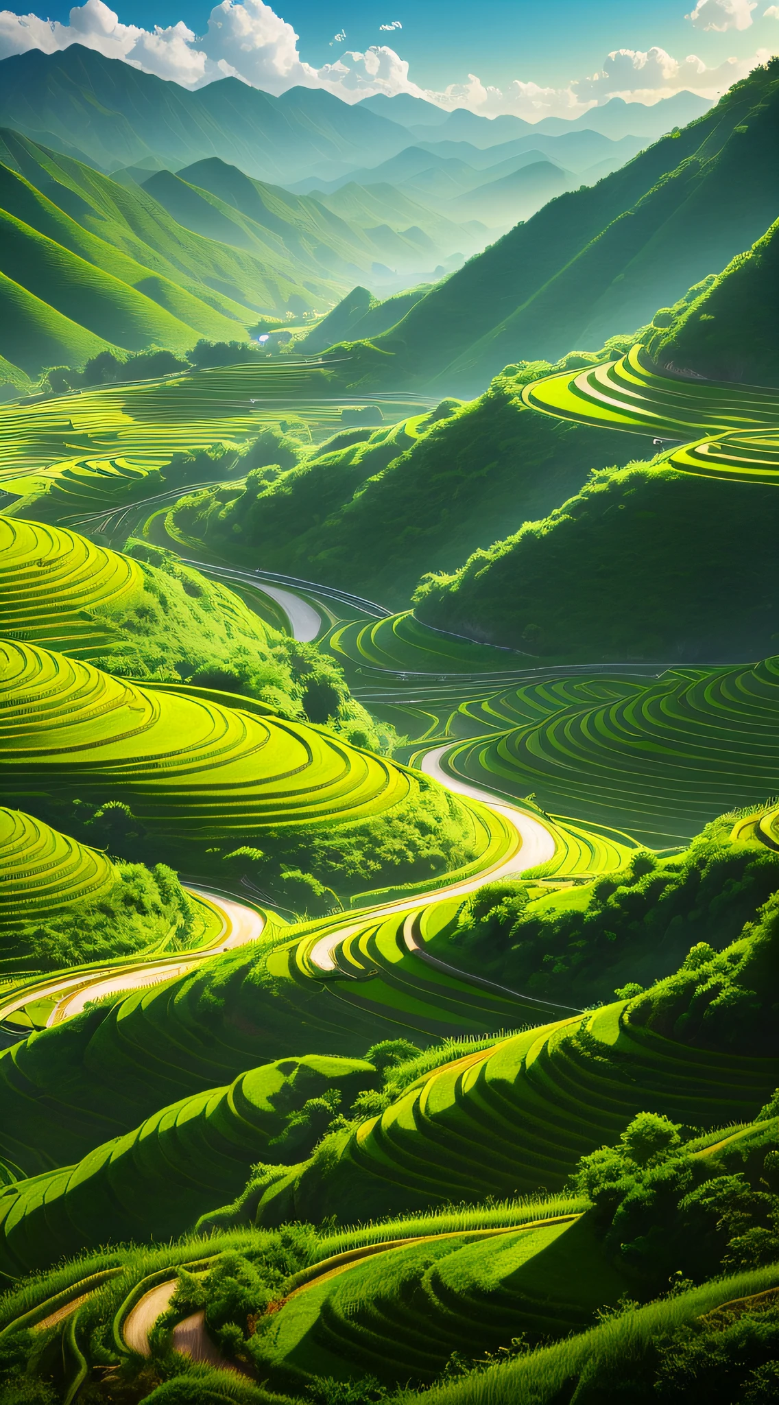 arafed view of a winding road in a valley with a mountain in the background, grass spiral mountain landscape, rice paddies, amazing landscape, futuristic valley, terraced, rolling green hills, terraced orchards and ponds, breathtaking landscape, made of tree and fantasy valley, beautifully lit landscape, natural landscape beauty, shadows. asian landscape, peaceful landscape, stunning landscape