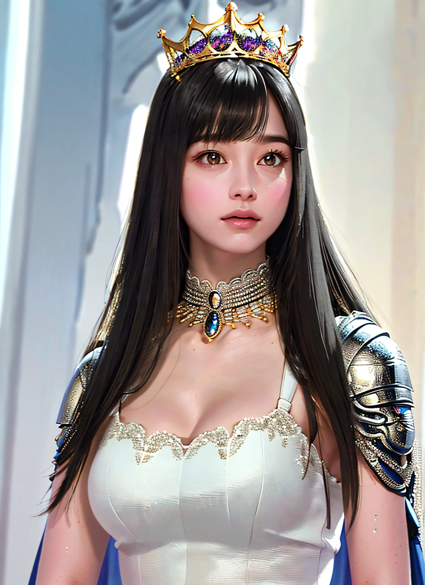 Ultra detailed complex 3D rendering of the face, (big breasts: 7.8), glamour shot full body image, no bra, long hair, viewer view, wearing intricate super armor, bare feet, armpits, (shiny skin),((Realistic lighting, top quality, 8K, masterpiece: 1.3)), Perfect Body Beauty: 1.4, Slim Abs: 1.1, Clear Focus: 1.2, 1 girl, perfect figure:1.4, (cleavage), intricate details, (warrior queen armor, fur-lined cape, jeweled ultra-detailed large crown: 1.2), big,, sexy swimsuit, (surreal), (high definition), (8K), (very detailed), (beautiful detailed eyes), she emits soft and bright light, light particles, ultra-detailed detail jewels, 1 girl, solo, long hair, wind, Gorgeous face, top quality, masterpiece, maximum detail, diffused lighting, (black hair: 1.3), Valhalla Valkyrie, beauty, facial muscles