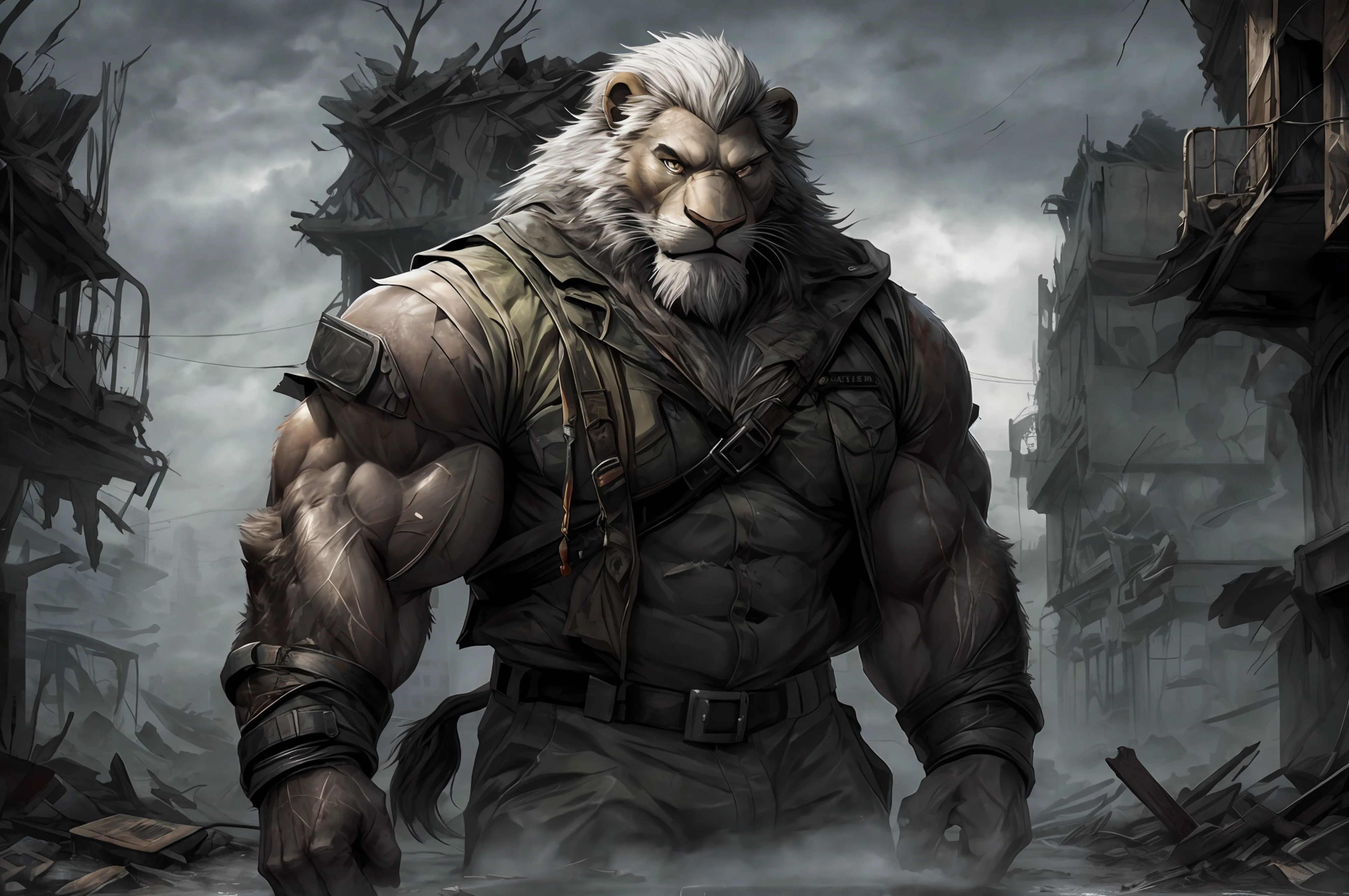 extremely detailed, detailed face, detailed eyes, detailed muscle, (view full body), ((1man)), (furry (lion)), (object (big muscular old man man standing with face up looking sad expression behind the building)), the old man is soldier and wearing soldier uniform, old man (big muscular, big muscle, bodybuilder, facial hair, beaded, white beard, battel scar face, short hair, white hair, strong character, strong muscle), (background ((heavy rain, fog, overcast sky, gray clouds, waster land, post-apocalypse, ruined city))), (photography (50mm lens, cinematic, cinematic color))